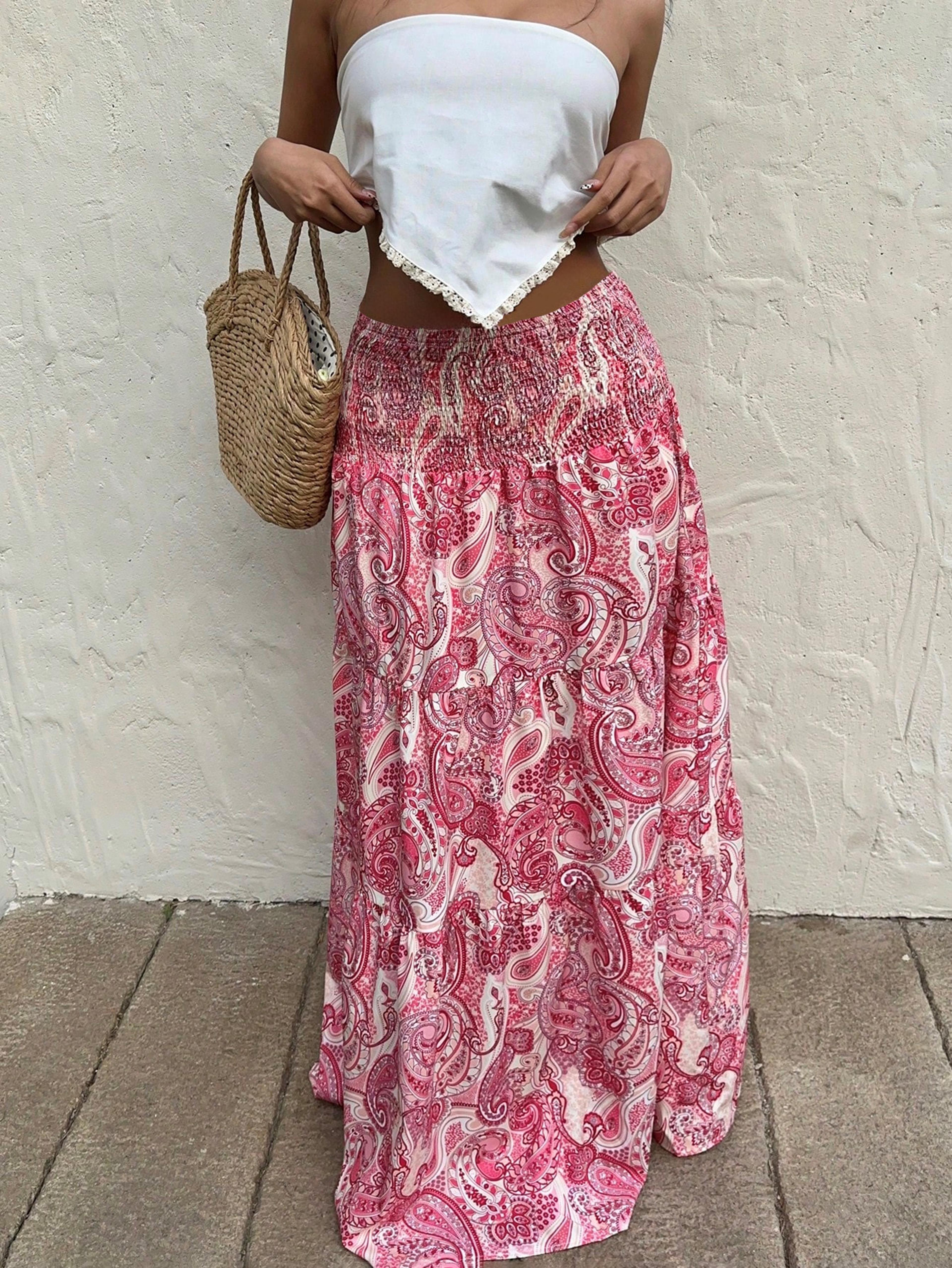 stretchy waist long maxi skirt, flowy vacation style beach skirt with elastic waistband