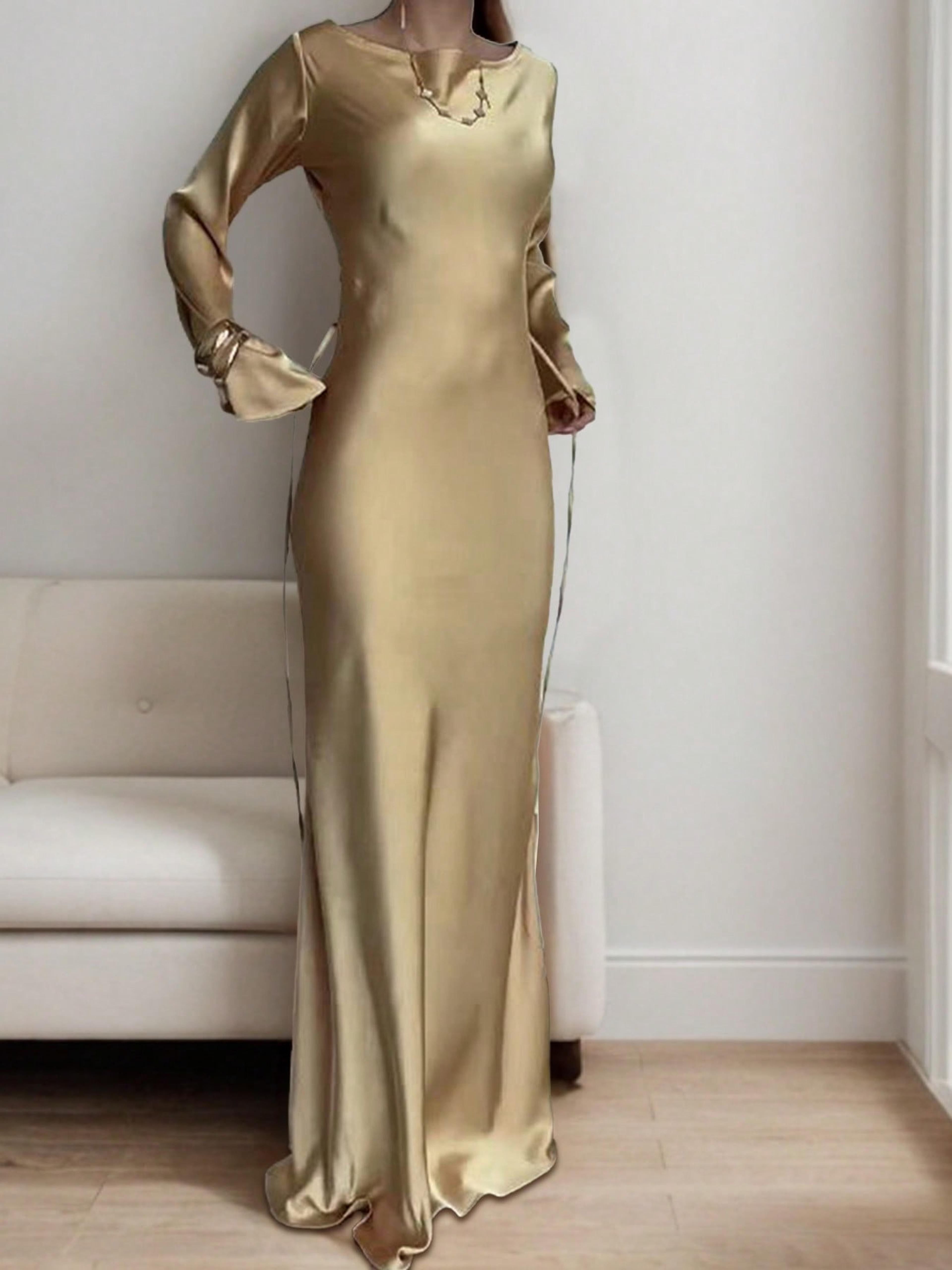 luxury evening dress women's bespoke satin maxi dress with corset waist tie and classic round neck