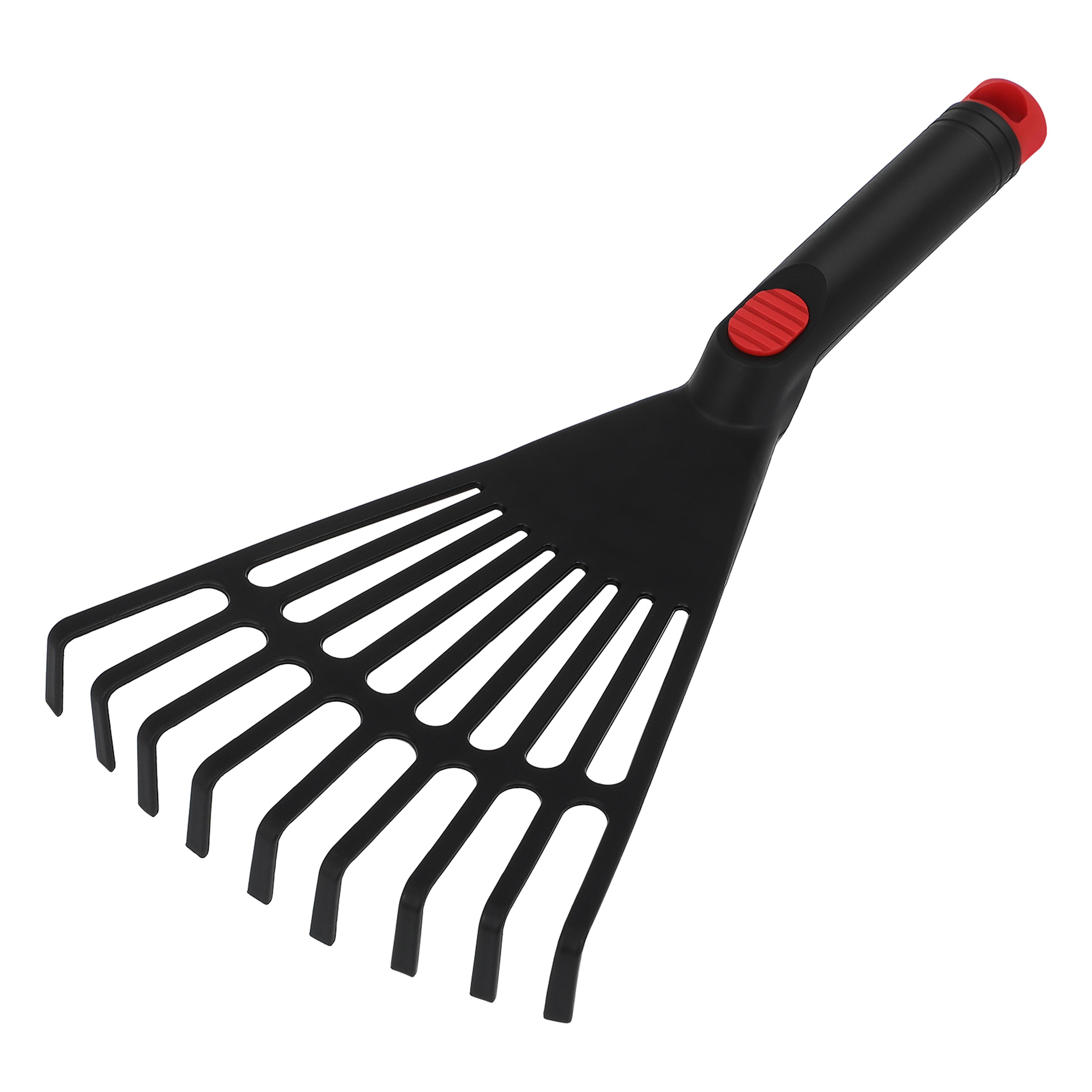 plastic garden rake hand tool with handle for leaf removal and flower bed cleaning outdoor use
