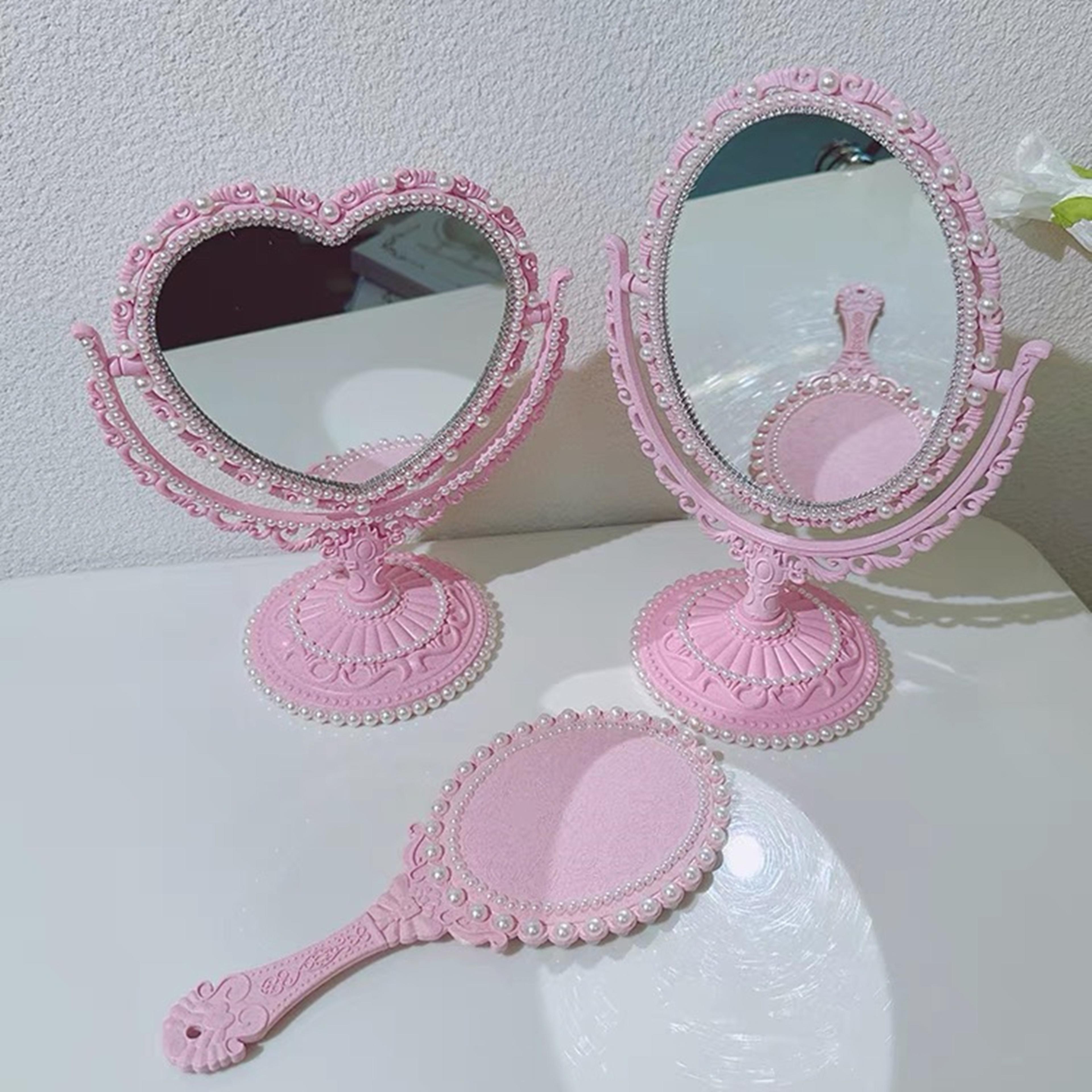 simple rotatable makeup mirror heart shaped vanity desktop table pink travel girl gift