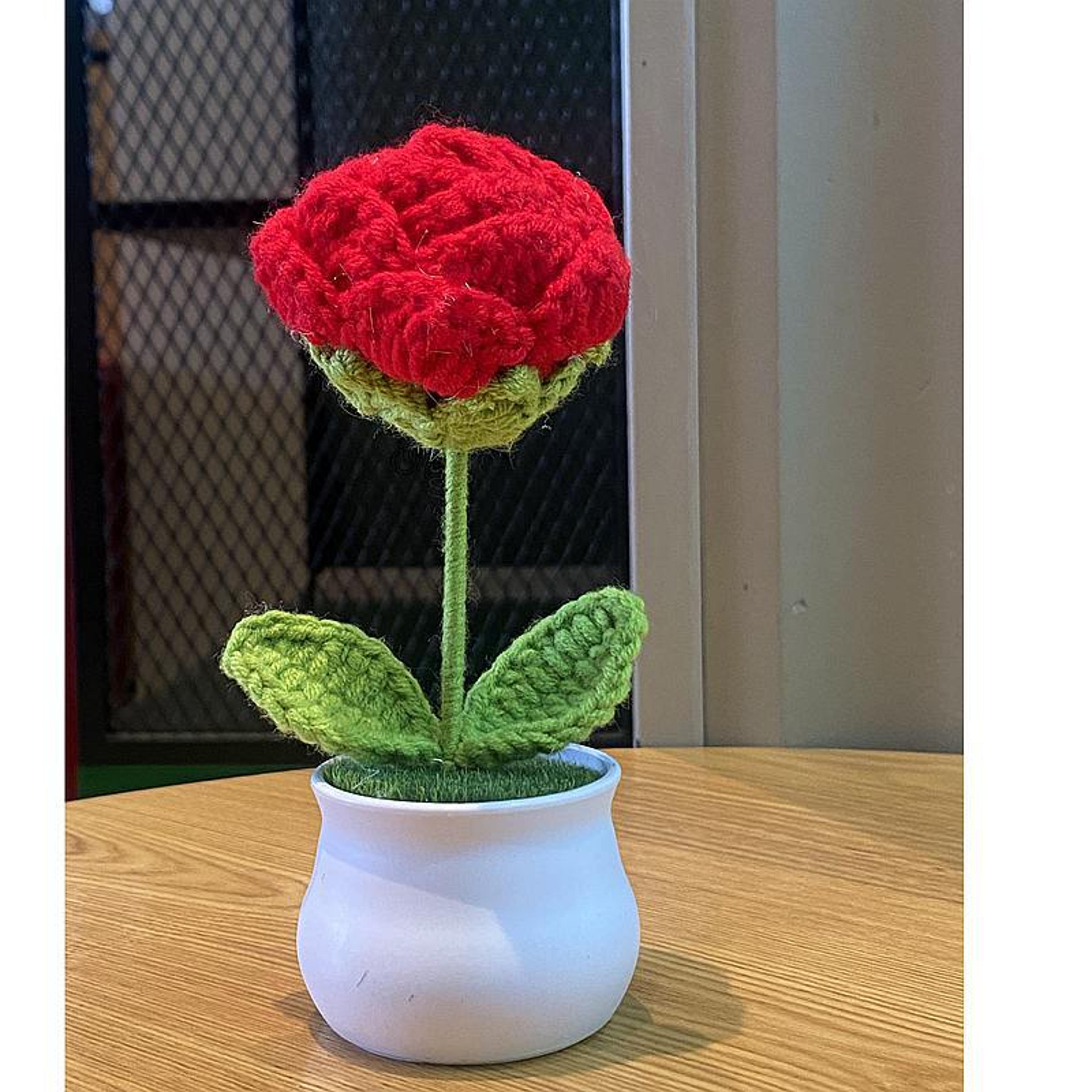 handwoven diy mini rose potted flower woolen thread finished home decor for office and desktop