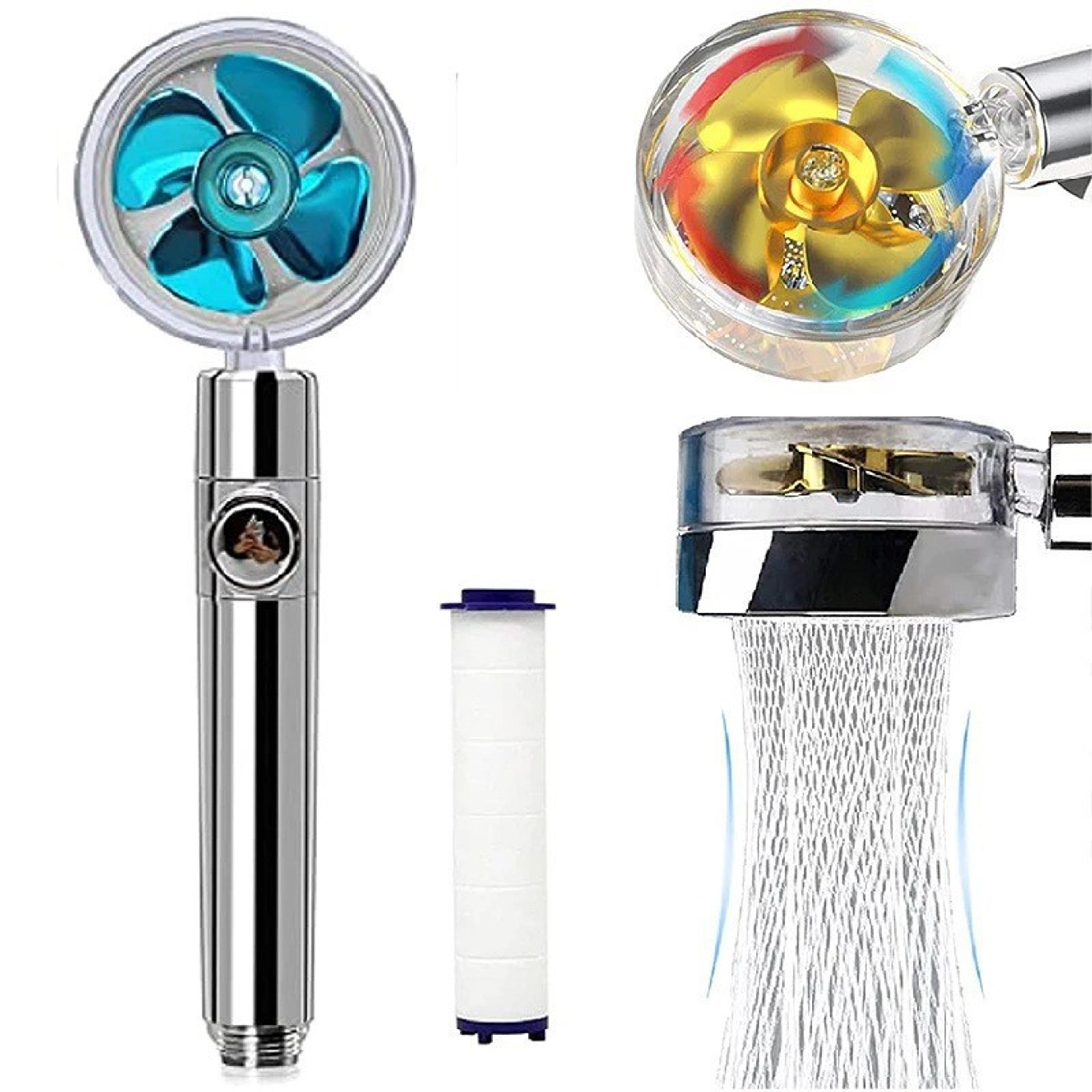 handheld shower head, shower booster with filter, propeller turbine high pressure nozzle, small waist, one button stop