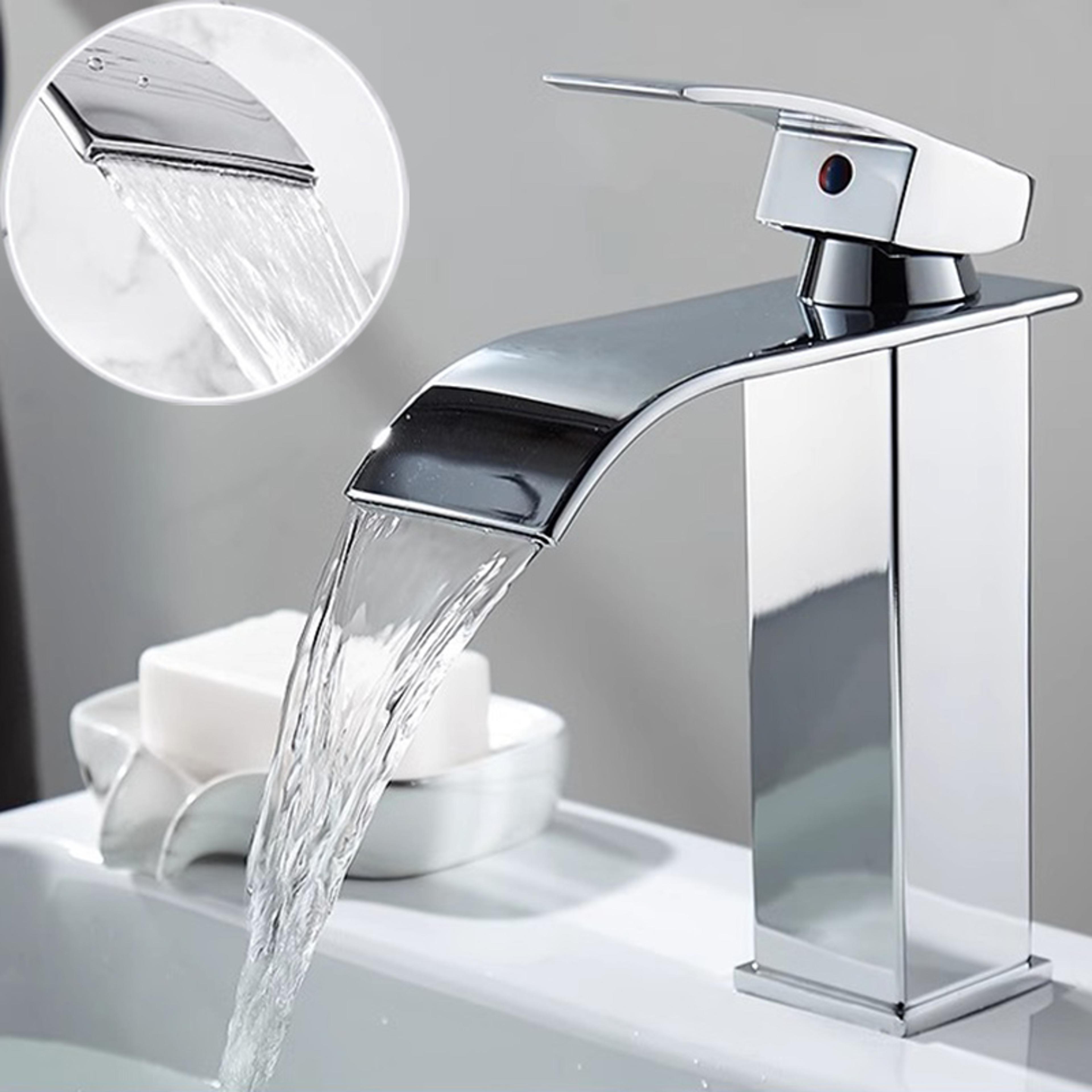 stainless steel waterfall wash basin, hot cold dual faucet, black bathroom toilet home sink