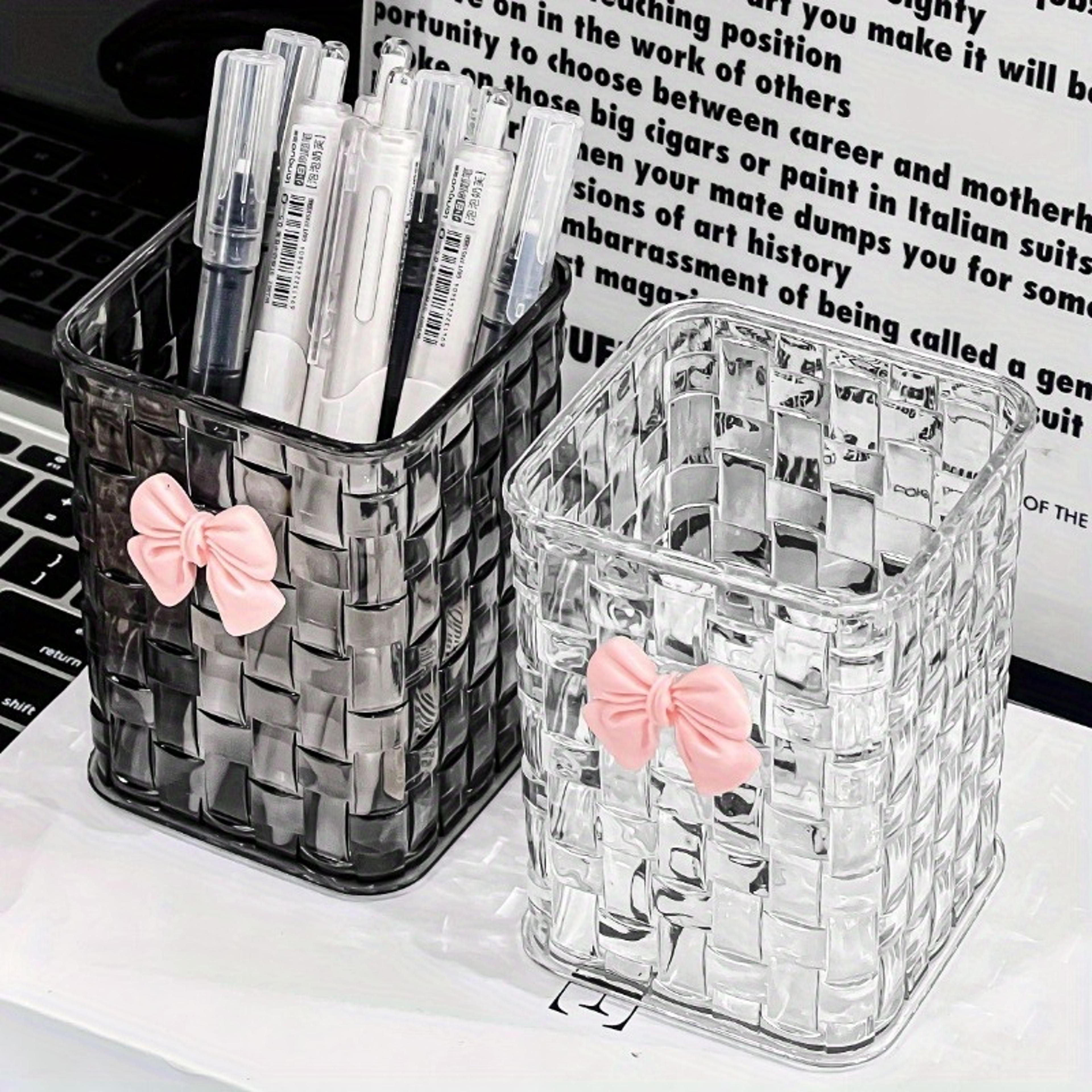 durable clear acrylic desk organizer with bow accent pen holder and storage basket for office supplies and accessories