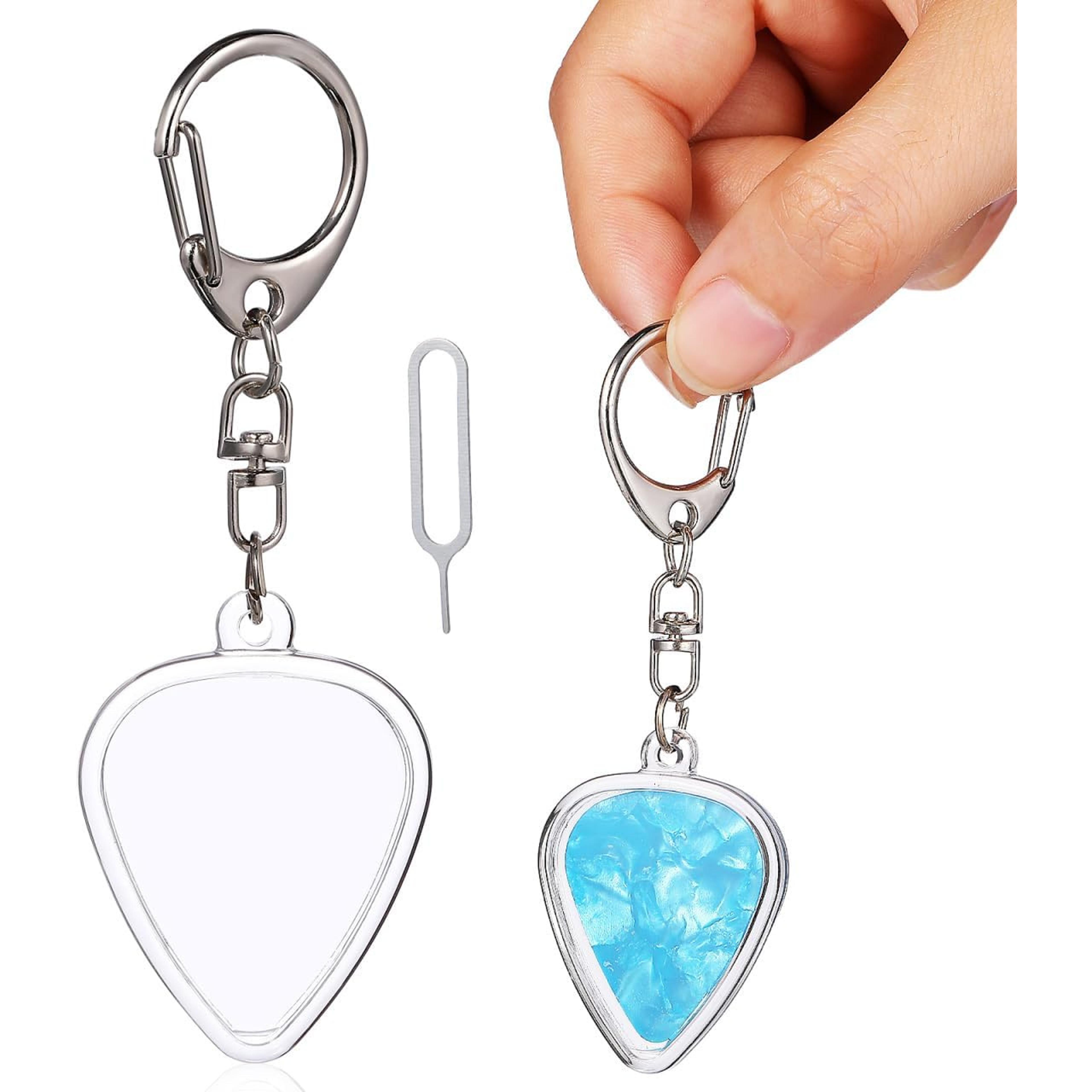 durable acrylic guitar pick holder keychain, heart-shaped design with secure lid for musicians