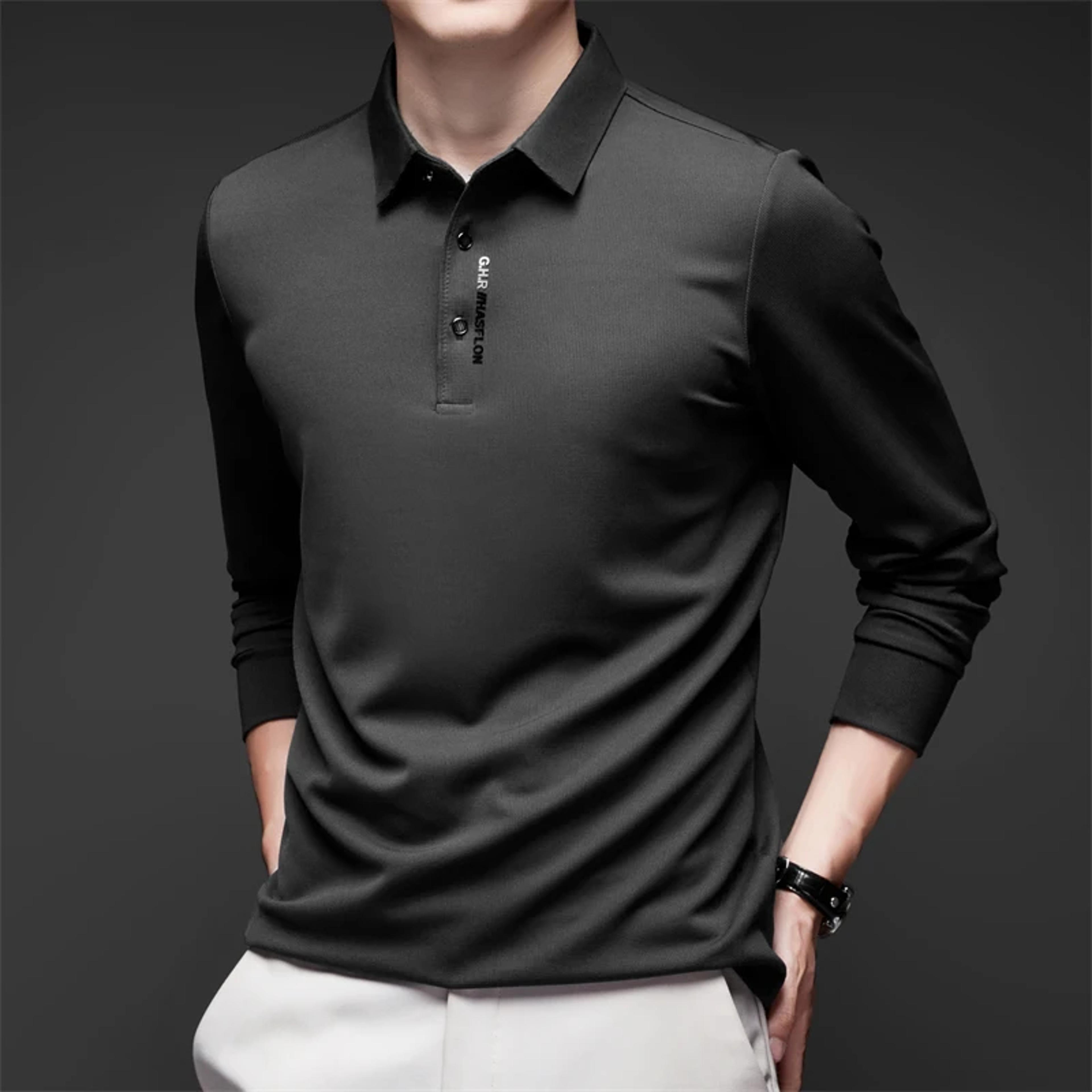 fashionable breathable comfortable new mens business casual long sleeved shirt with badge solid color polo shirt