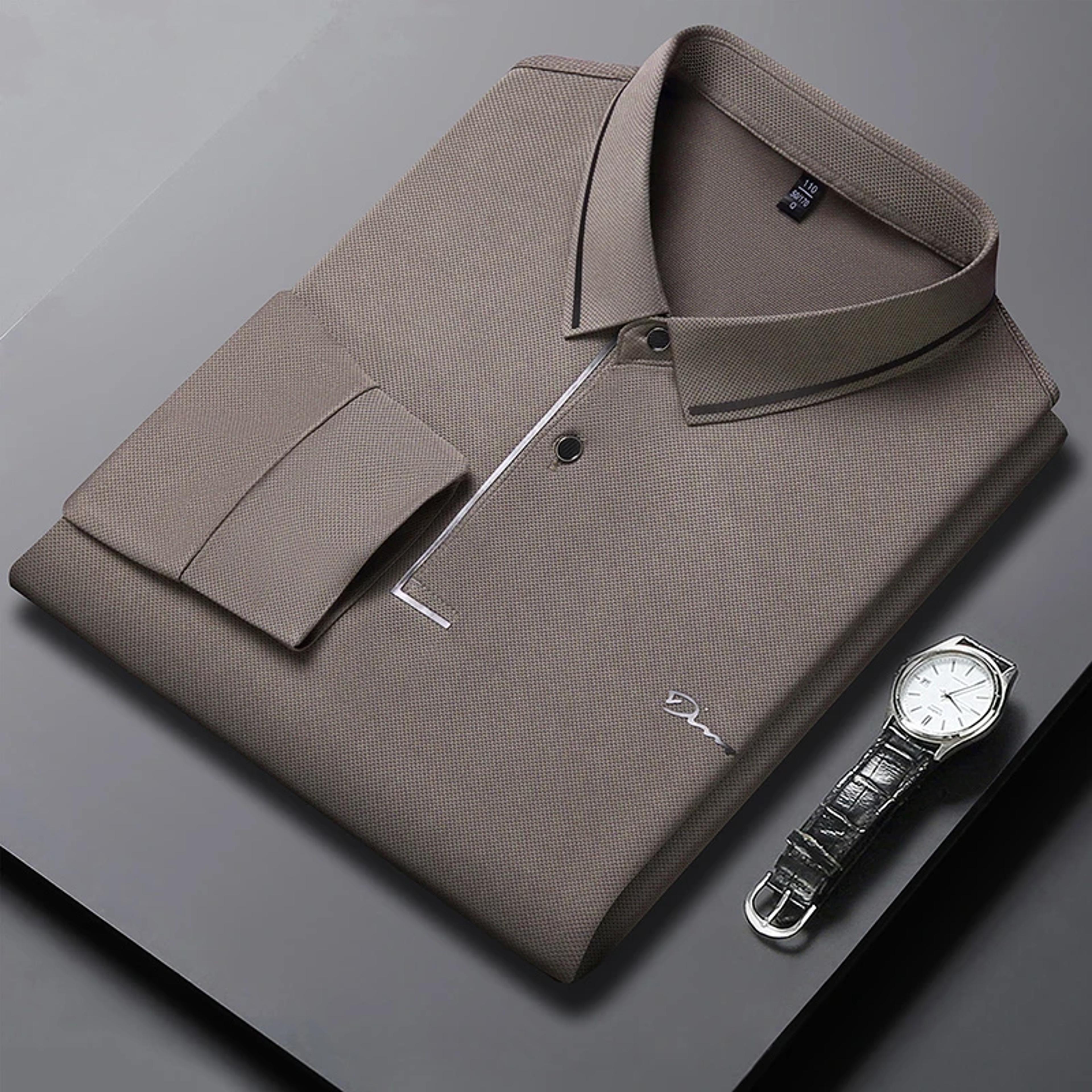 new men's business casual polo shirt long sleeved badge solid color fashionable comfortable breathable versatile top