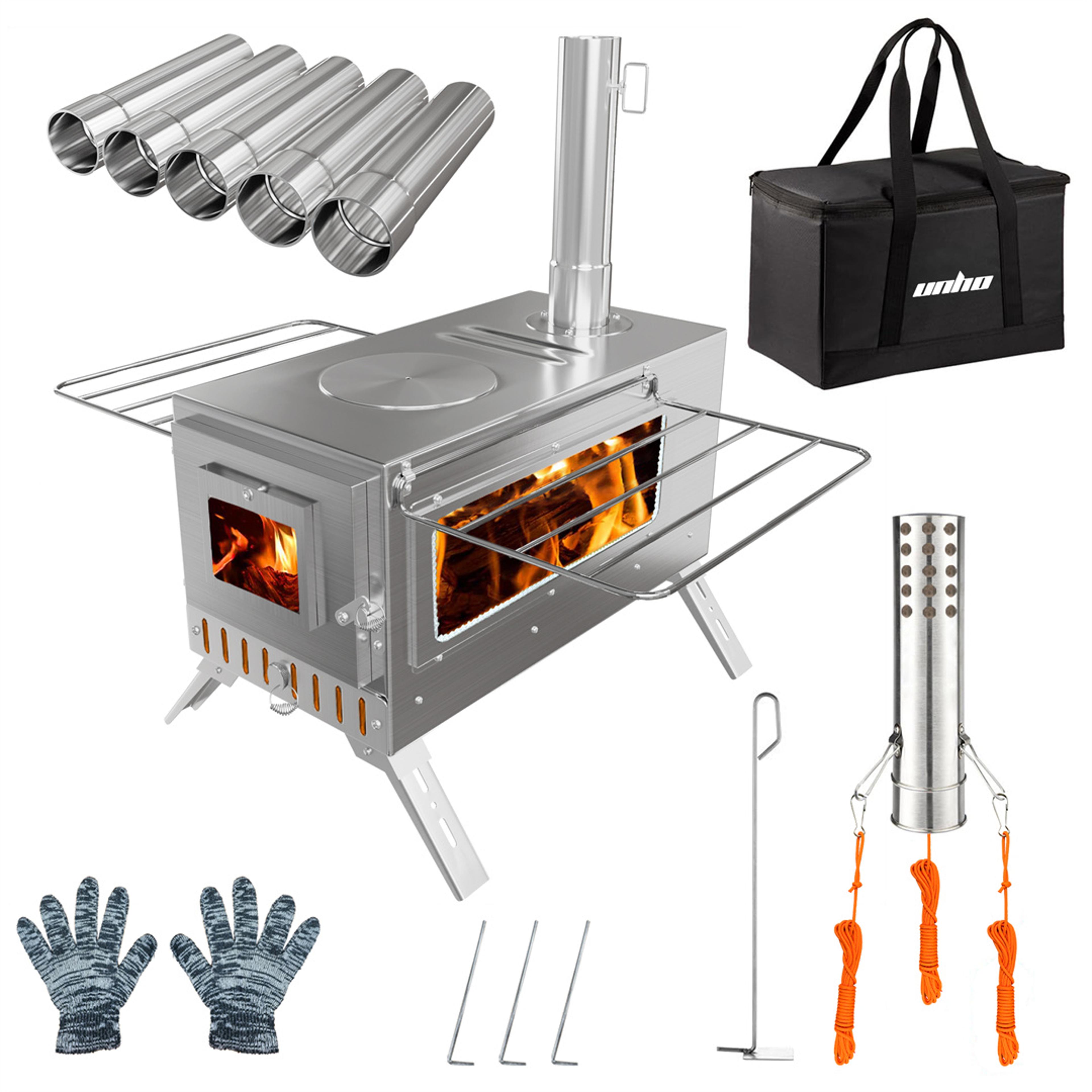 tent stove with stainless chimney pipes, unho portable wood burning stove for outdoor heating and cooking