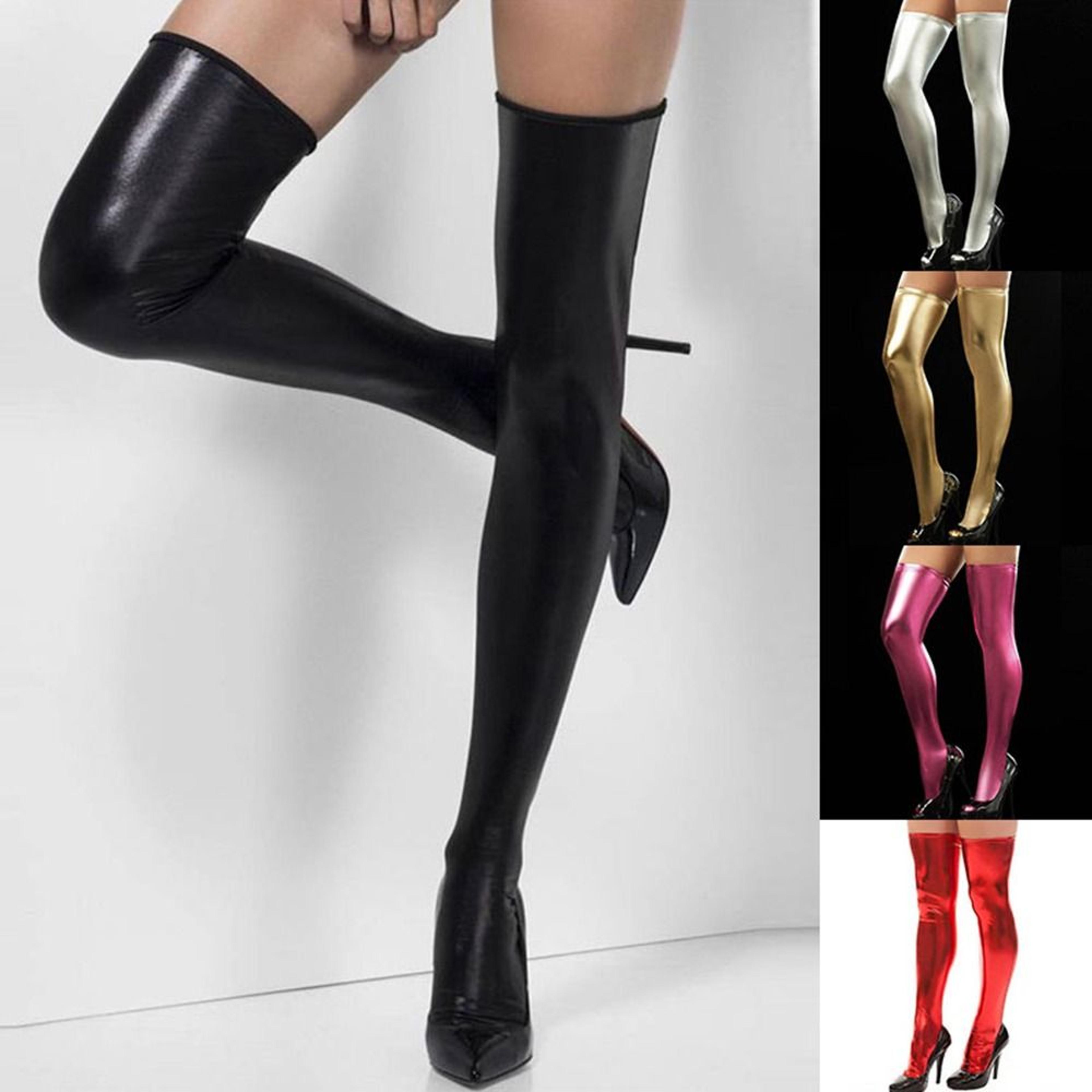 women thigh high socks over knees casual pu leather black red silver gold long overknee stockings