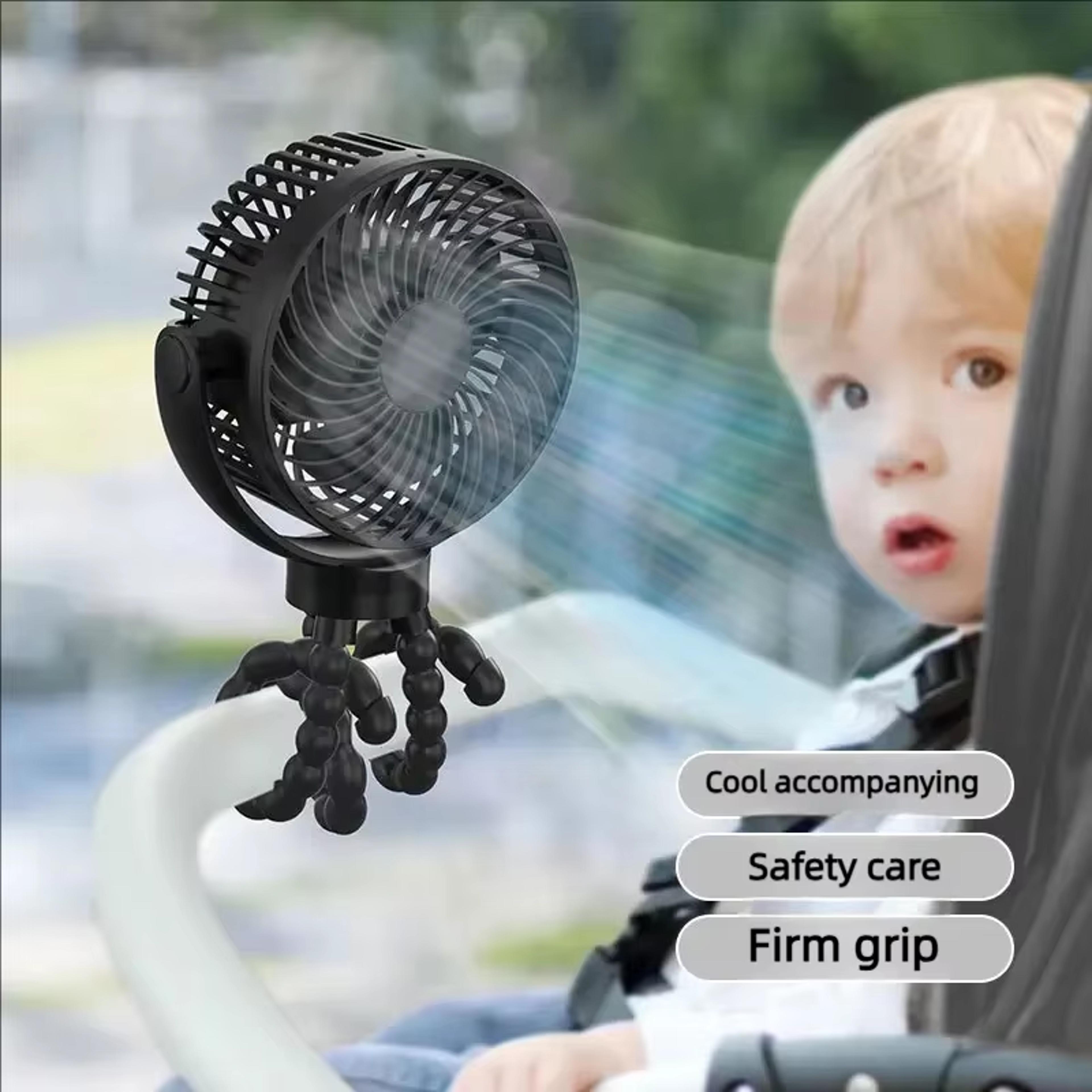 portable usb charging baby fan with speeds, mini fan for stroller, mobile phone holder and light for newborns
