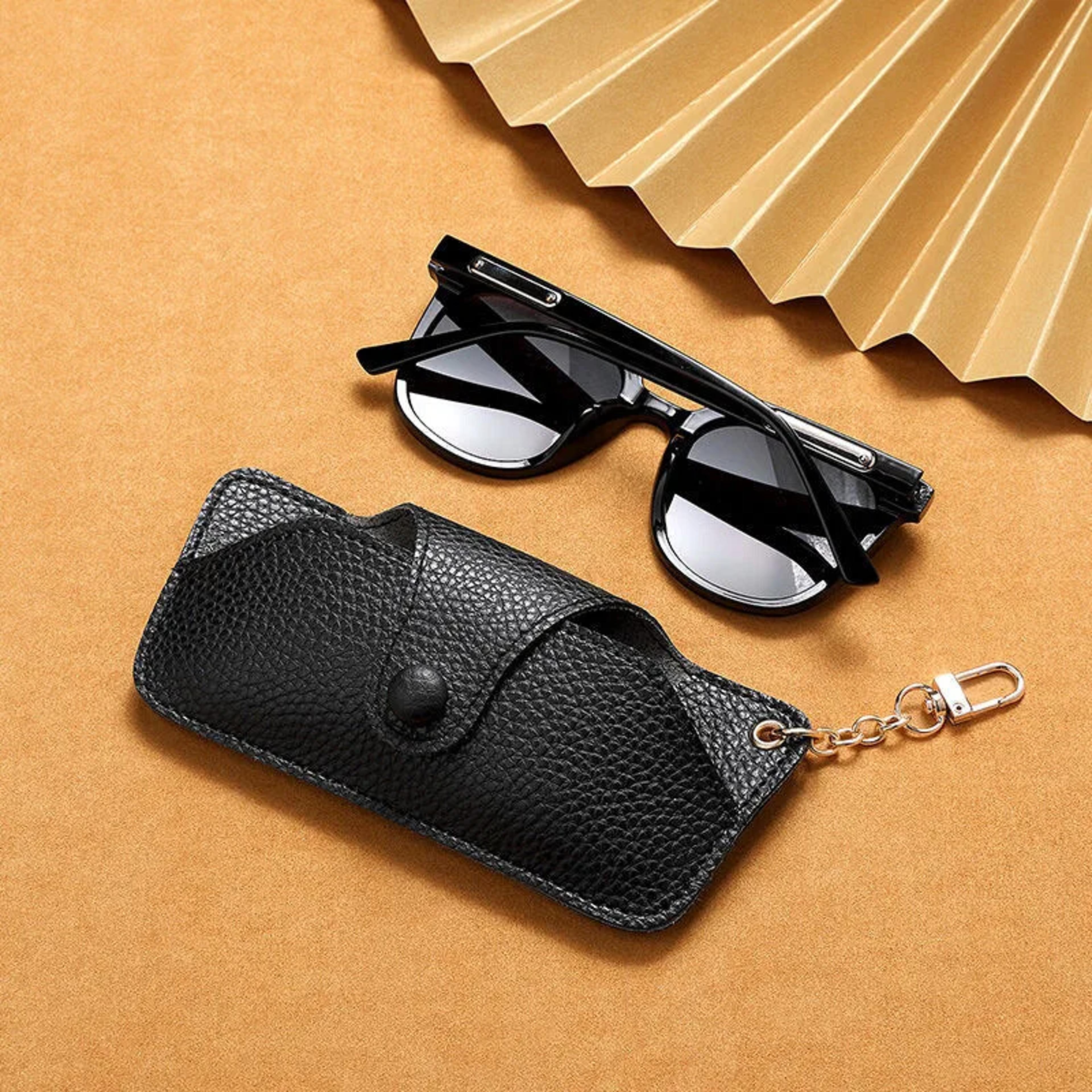 retro handmade pu leather sunglasses case, portable glasses bag with lanyard, simple storage box