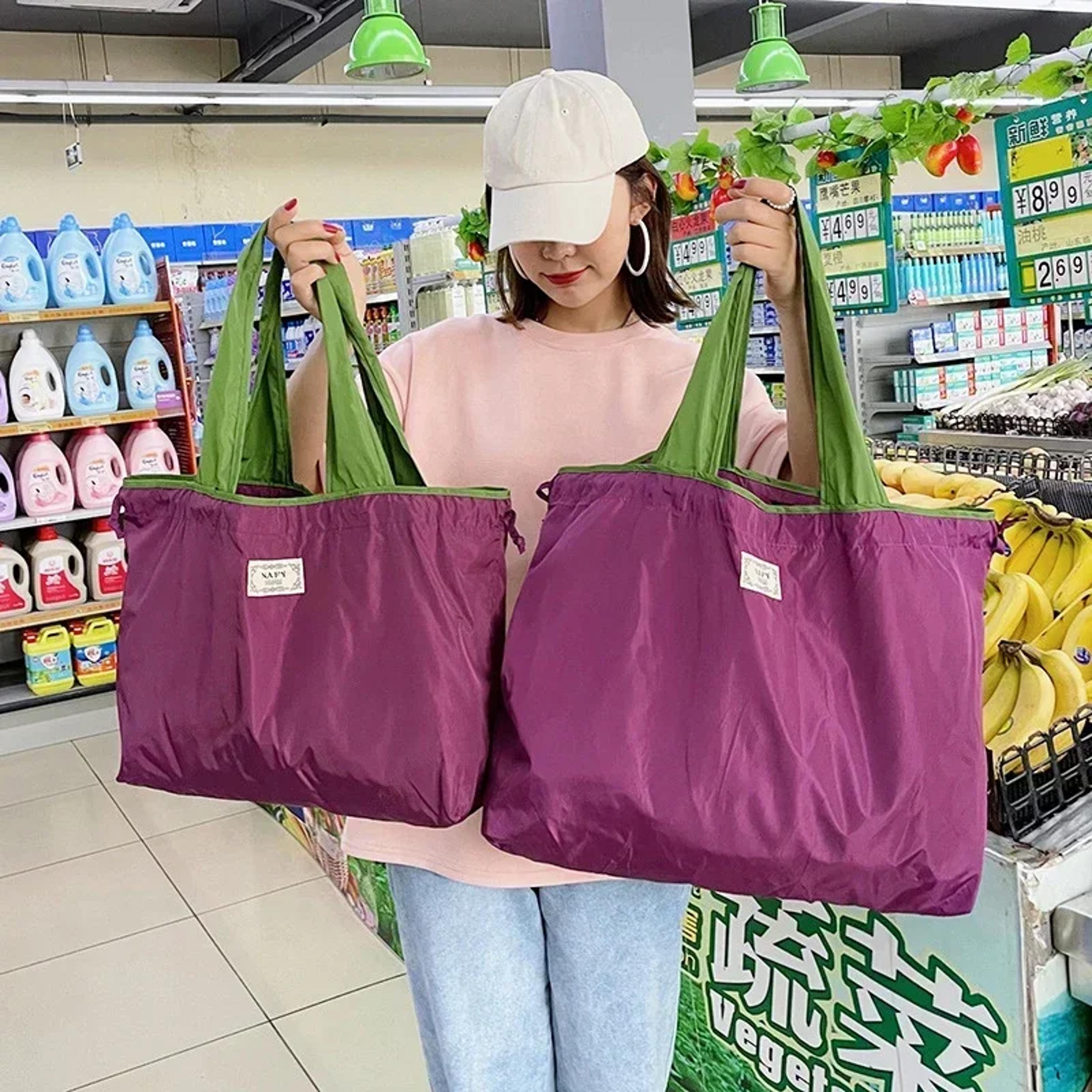 large capacity foldable shopping bag eco-friendly women's reusable grocery bag with drawstring closure shoulder bag