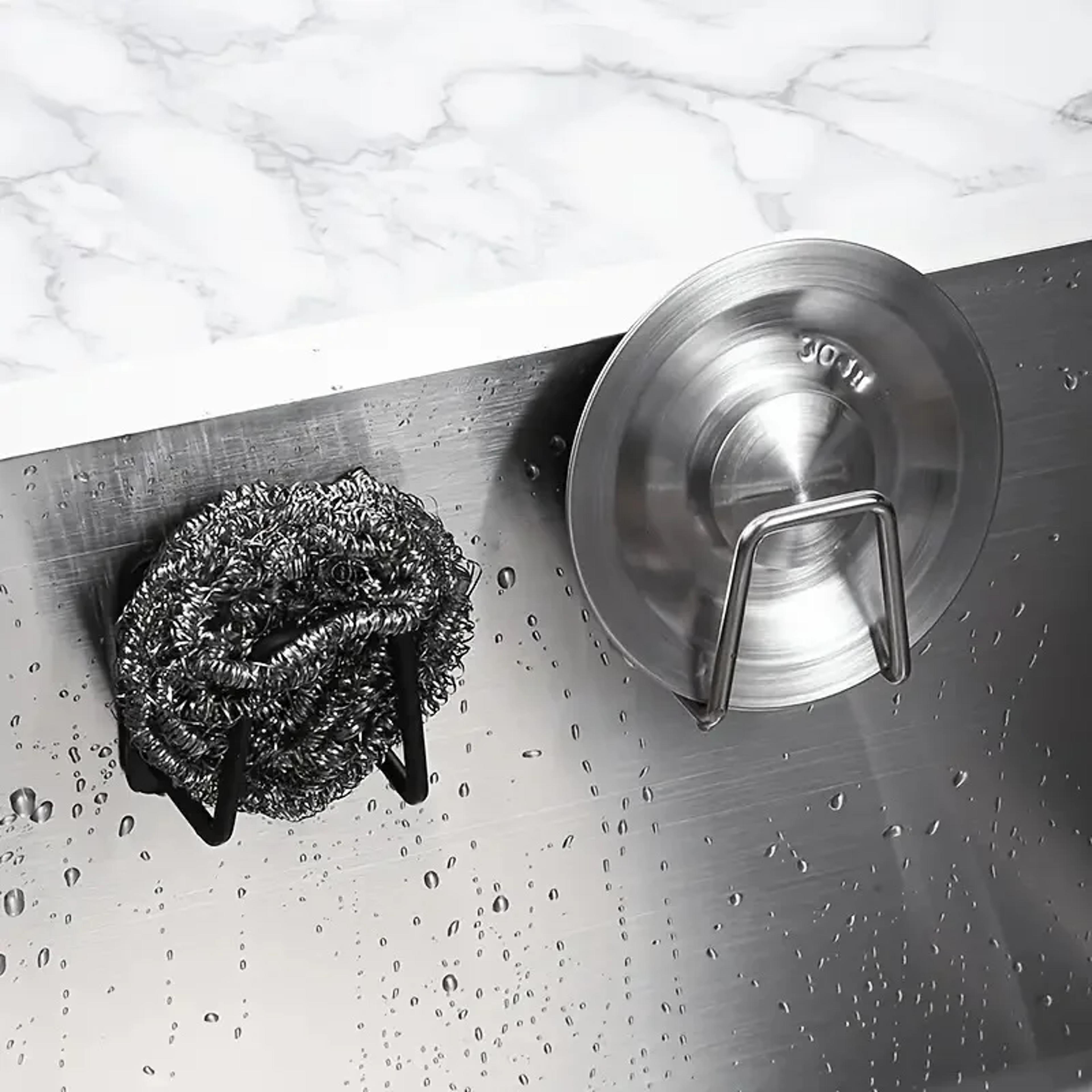 self adhesive sink drain drying rack with wall hooks kitchen holder and bathroom storage wire ball organizer
