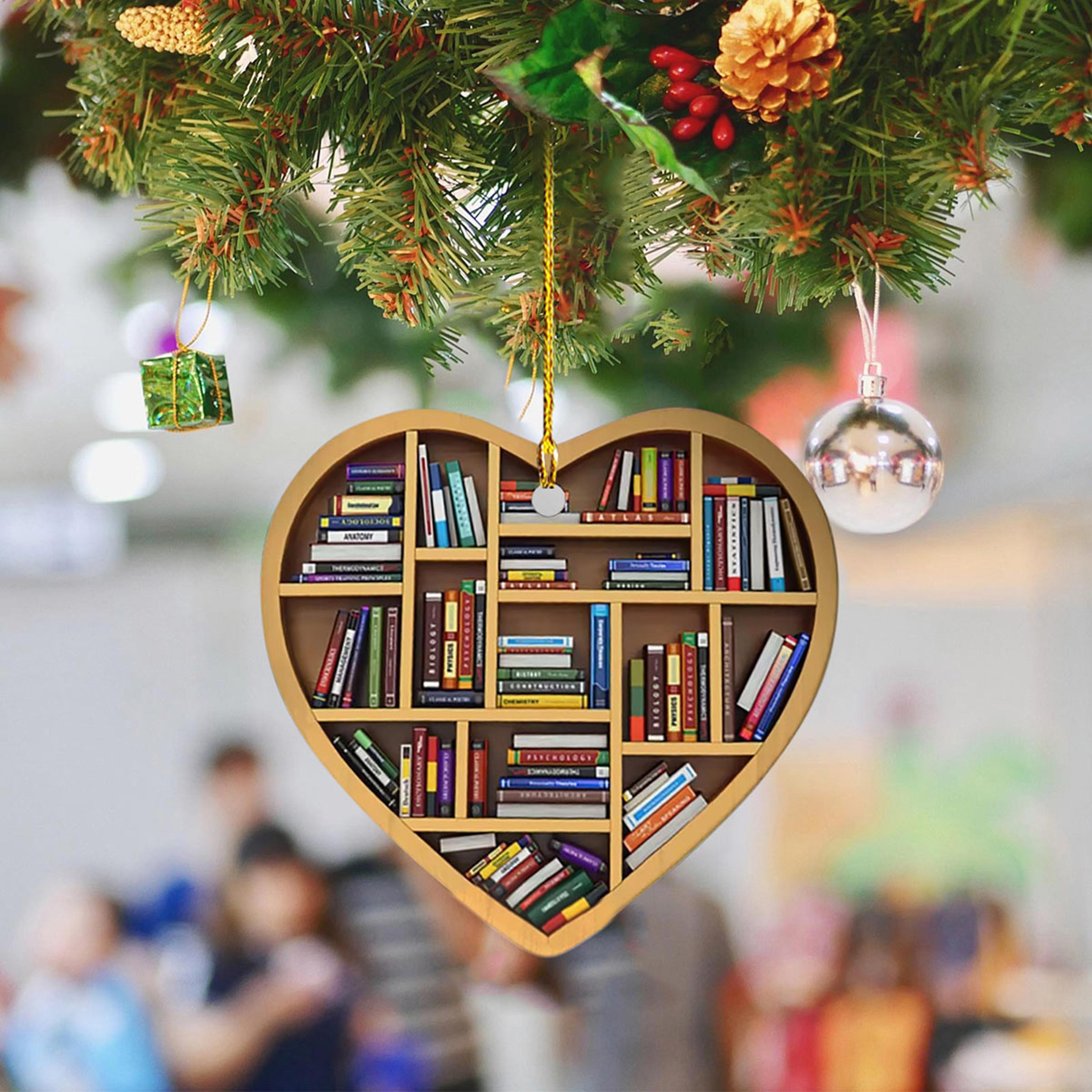 heart shaped bookshelf pendant christmas tree decoration wooden ornament for book lovers holiday gift