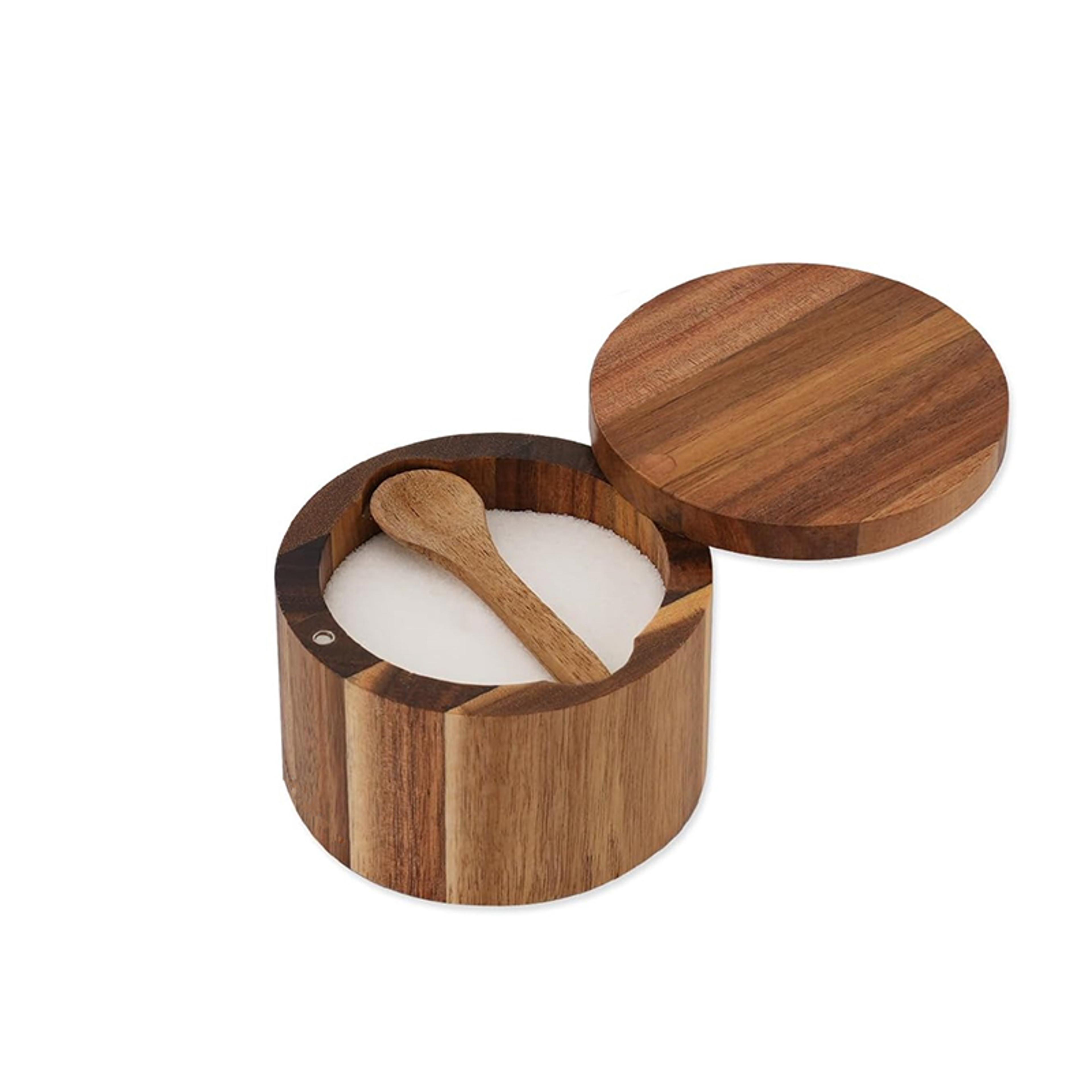 acacia salt cellar with swivel lid, acacia wood salt and pepper bowl box with lid and spoon