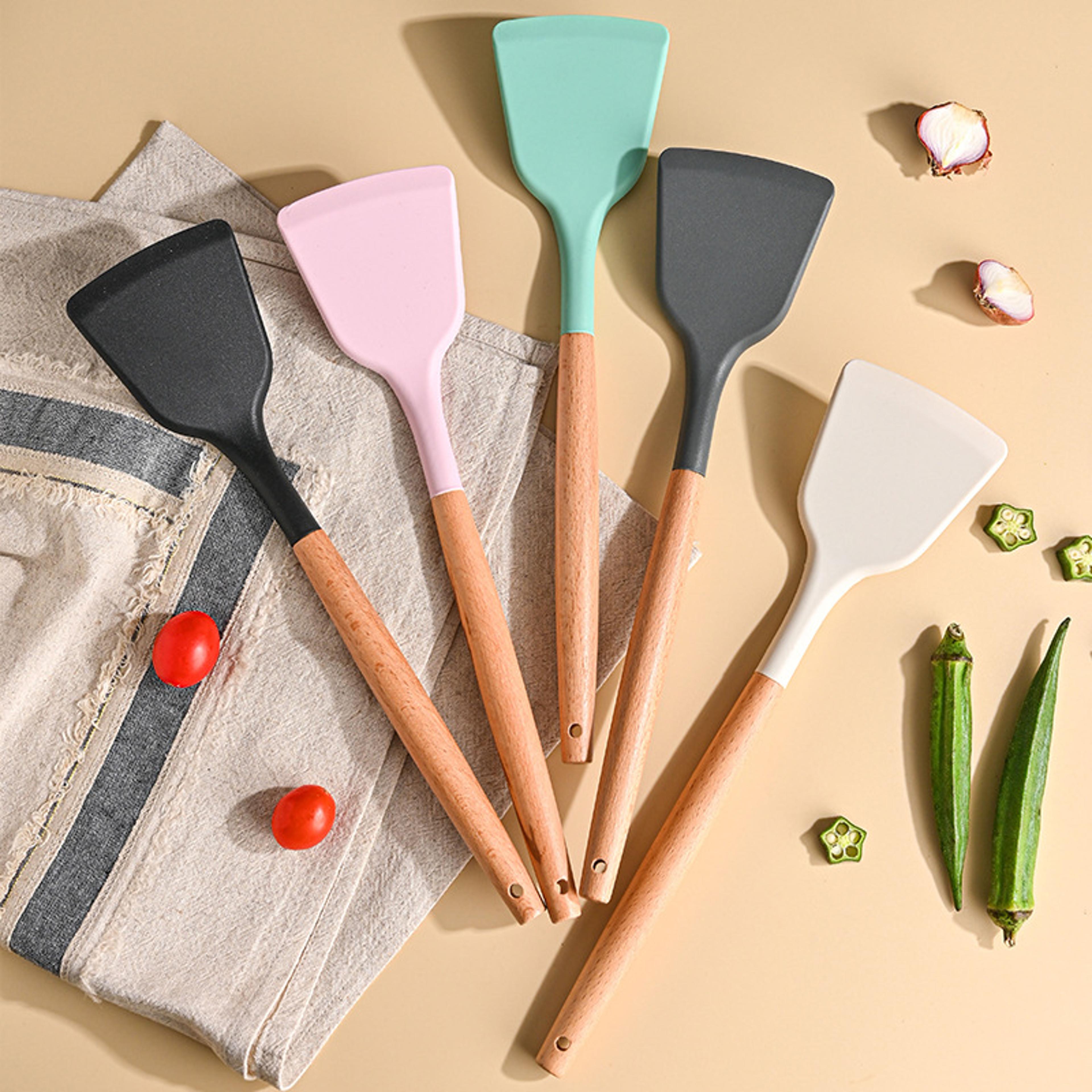 wooden turner silicone spatula non stick frying pan shovel pancakes meat egg scraper kitchen cooking tool