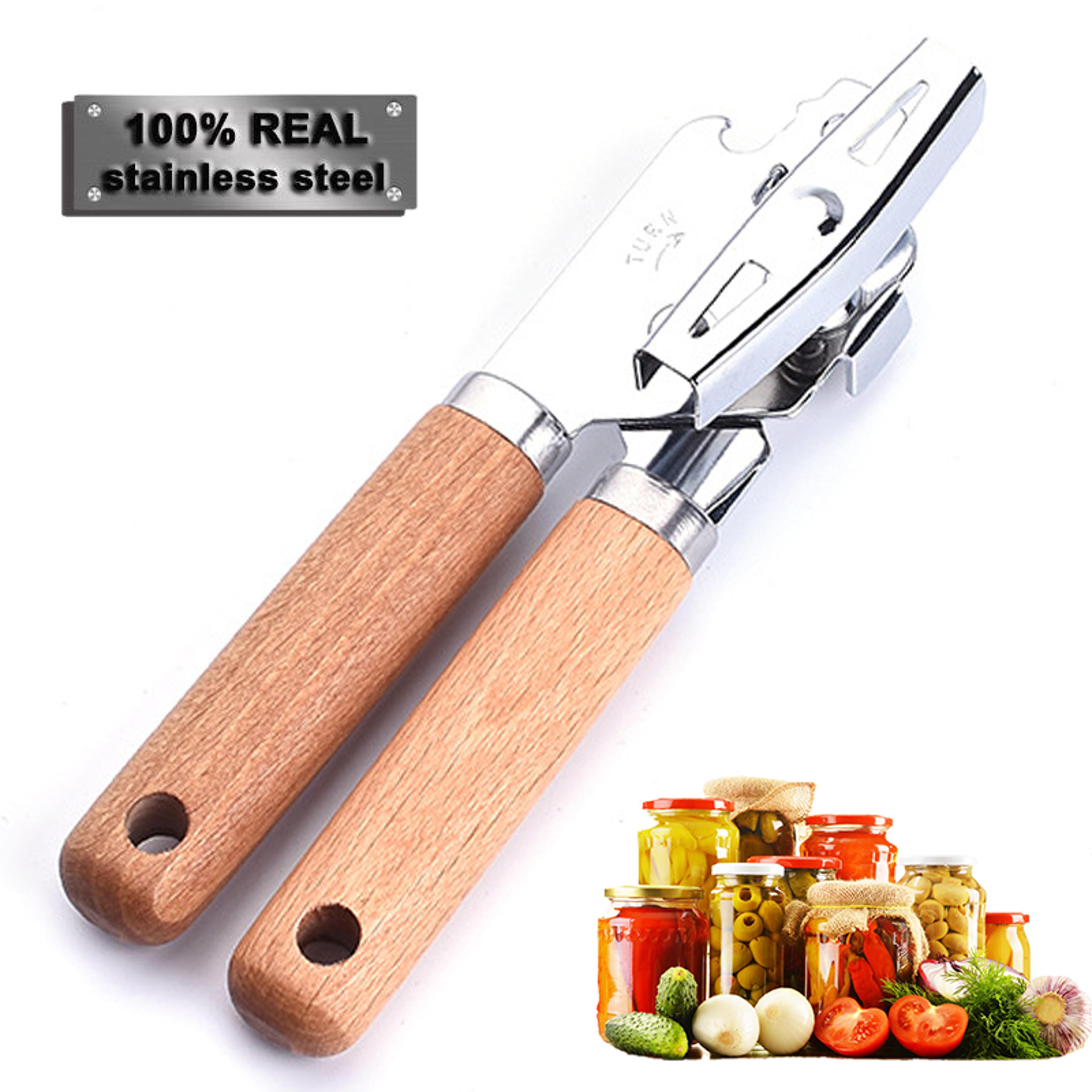 ergonomic stainless steel manual can opener with wooden handle professional side cut jar opener kitchen tool