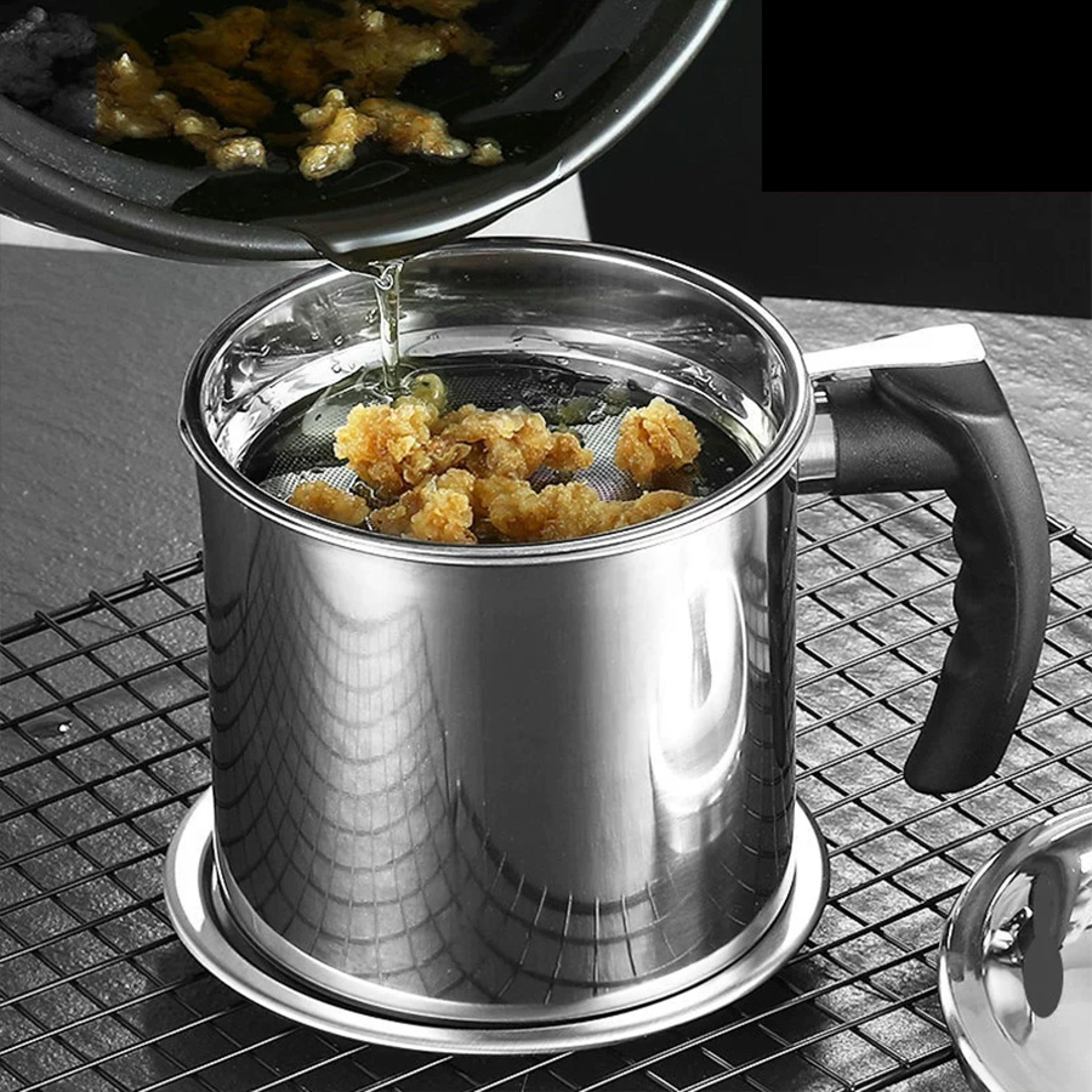 stainless steel oil strainer pot with lid fine mesh fast filtering frying bacon fat oil storage container