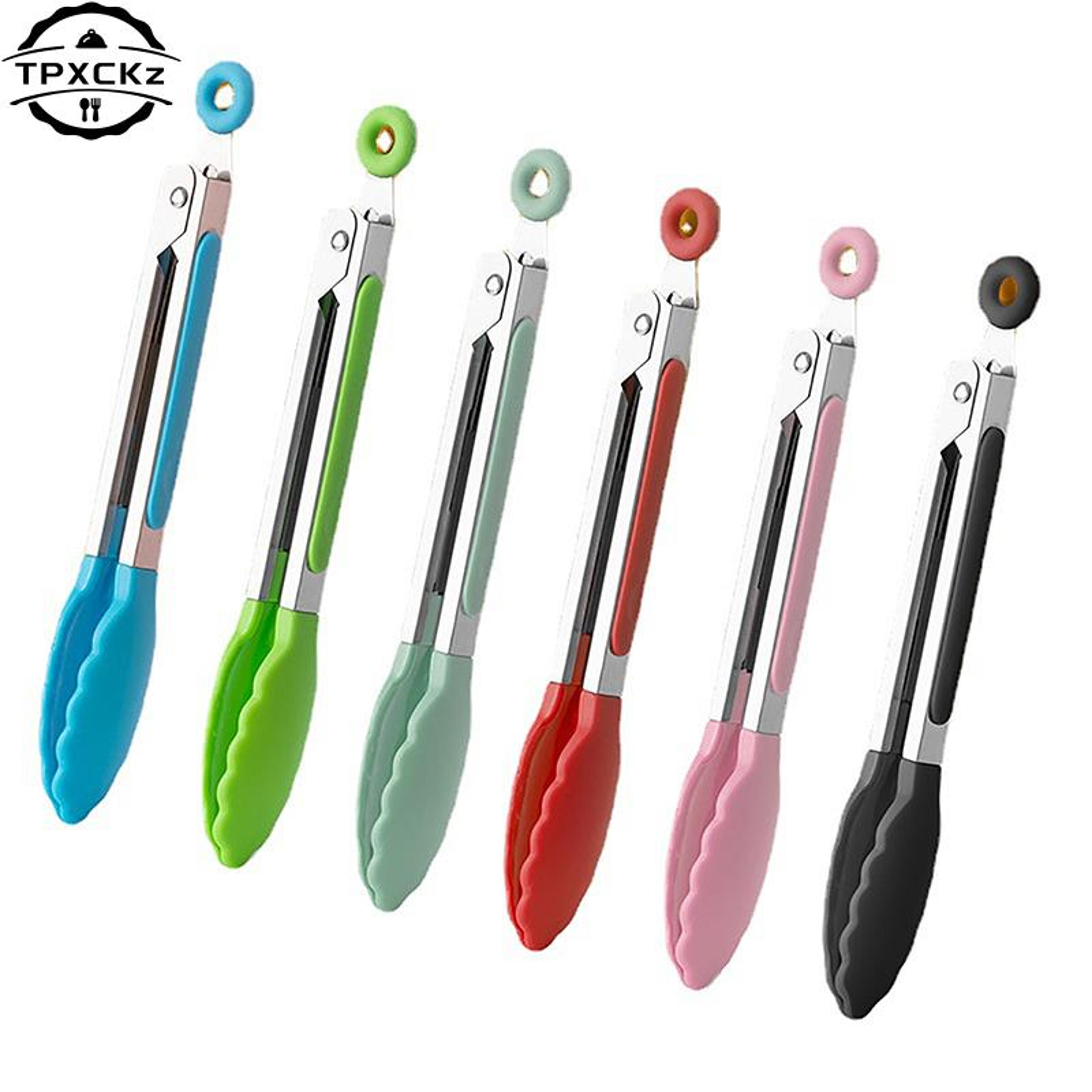 non-stick silicone bbq grilling tong, stainless steel kitchen serving clamp for cooking salad and barbecue tools gadgets