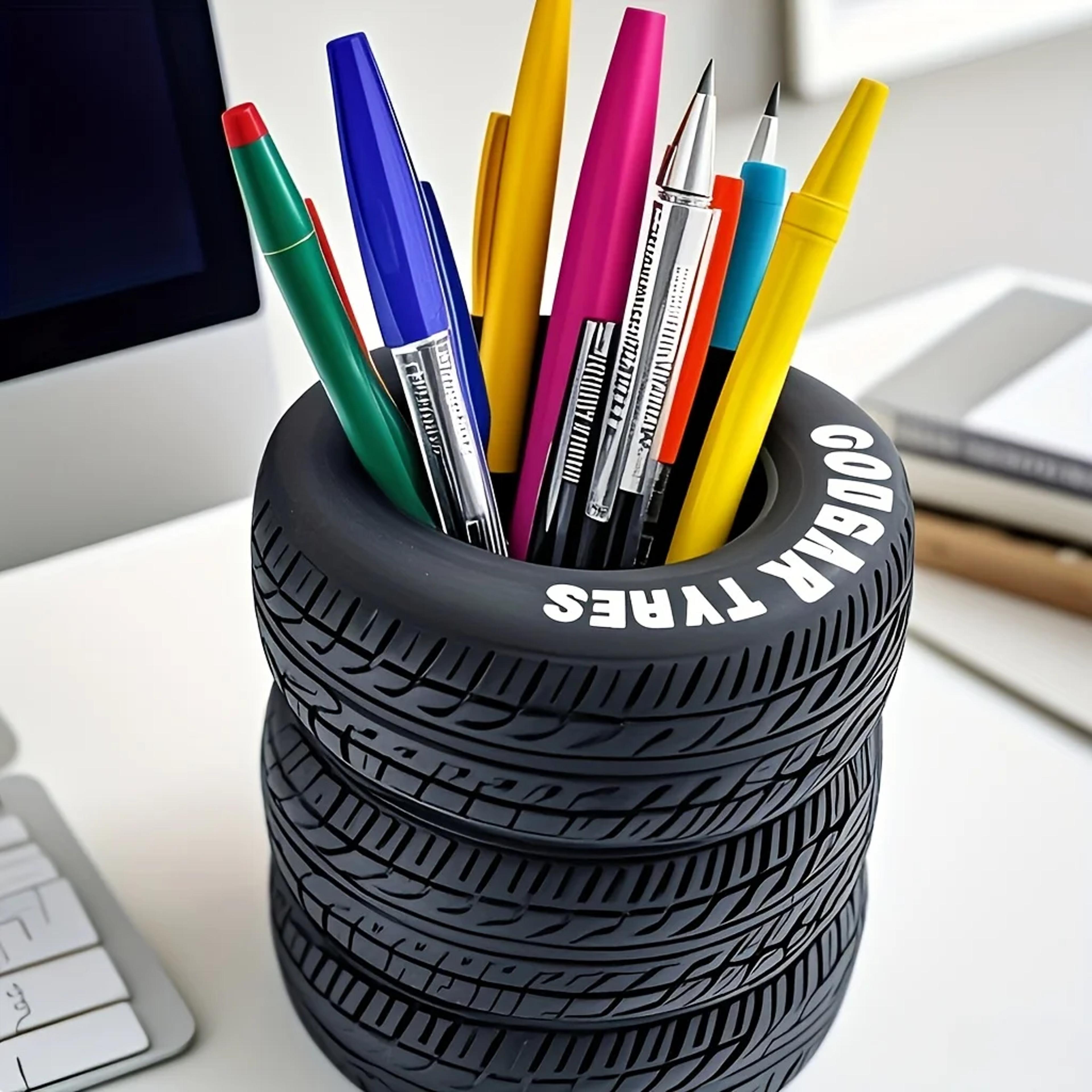 pvc tire-shaped pen holder, fun desk organizer, ideal for office and school supplies, painted finish