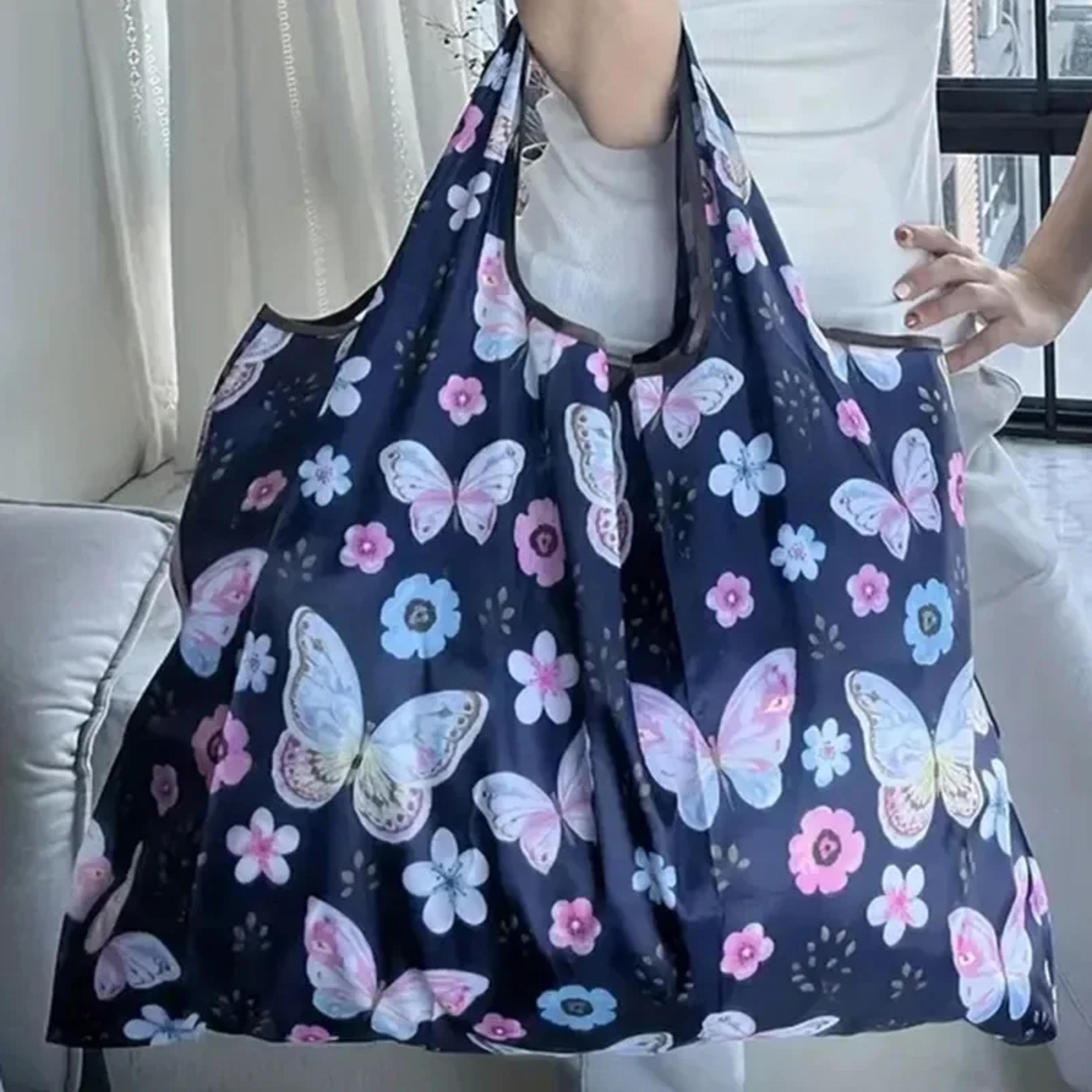 portable folding shopping bag butterfly flower printing grocery bag eco-friendly reusable high-capacity tote bag