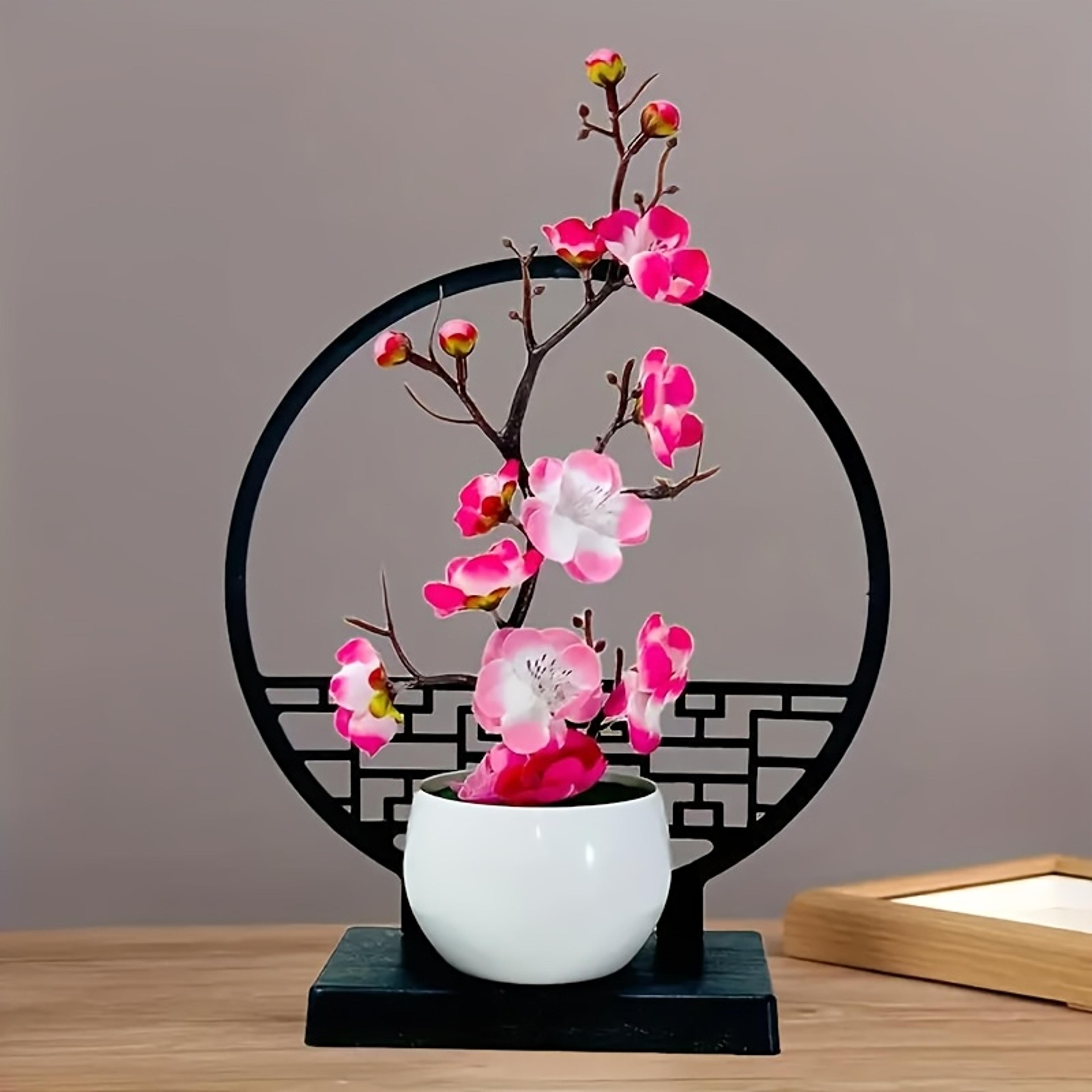 artificial plum blossom bonsai with screen base, beautiful tabletop decor for bedroom, office, and living room spaces