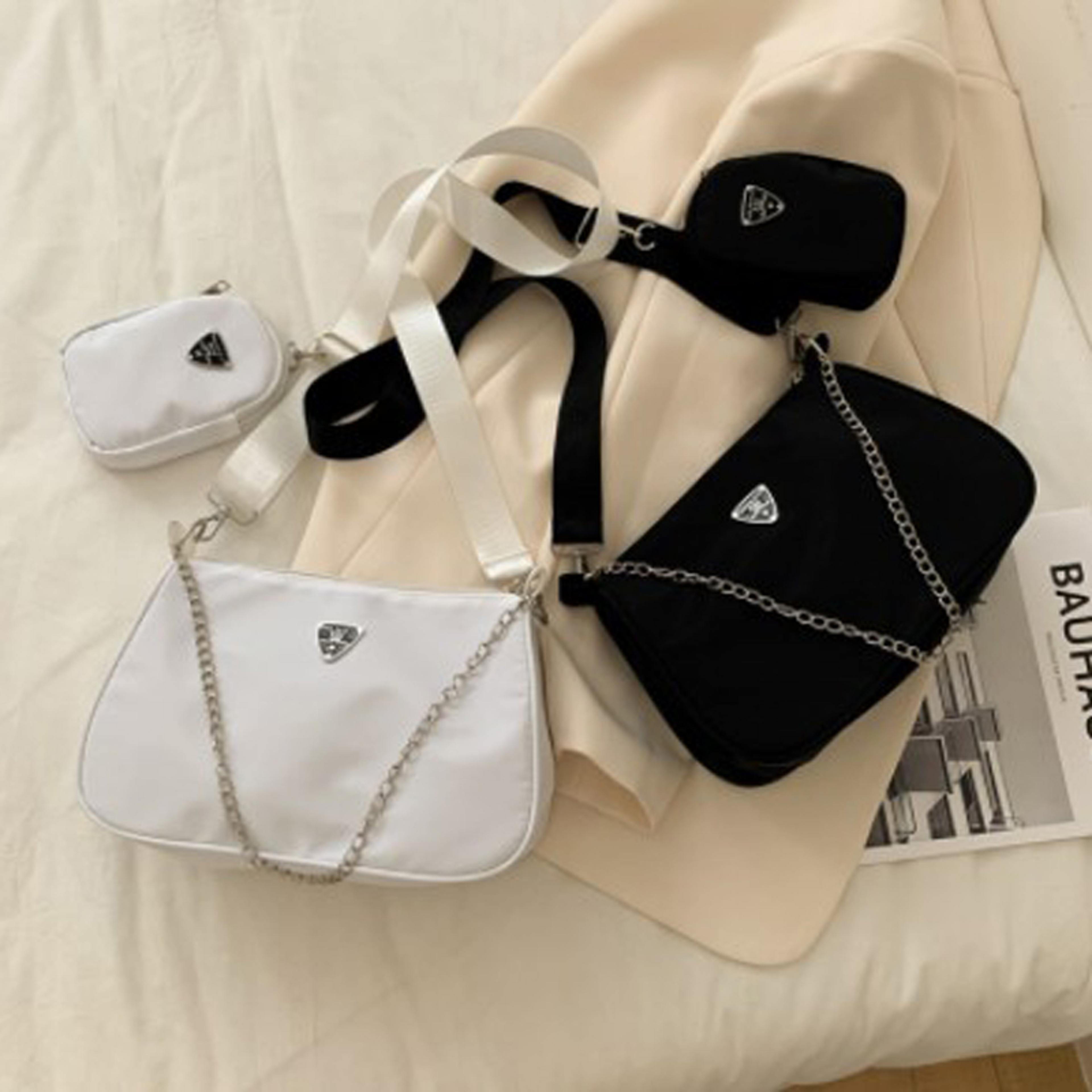 chic solid color handbags, nylon shoulder bag set, chain strap for travel, daily use