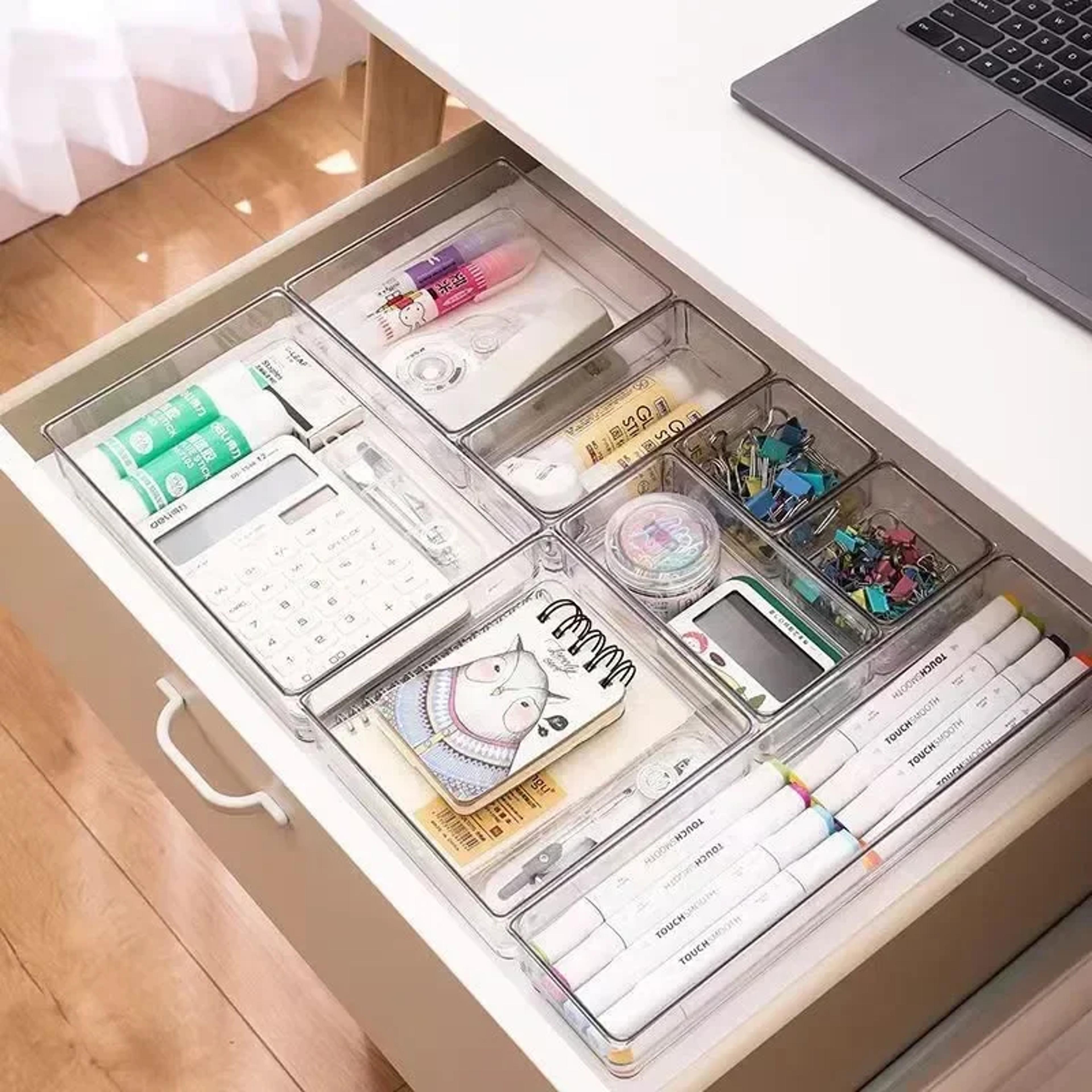 versatile drawer organizer set, clear plastic trays and dividers for makeup and kitchen storage