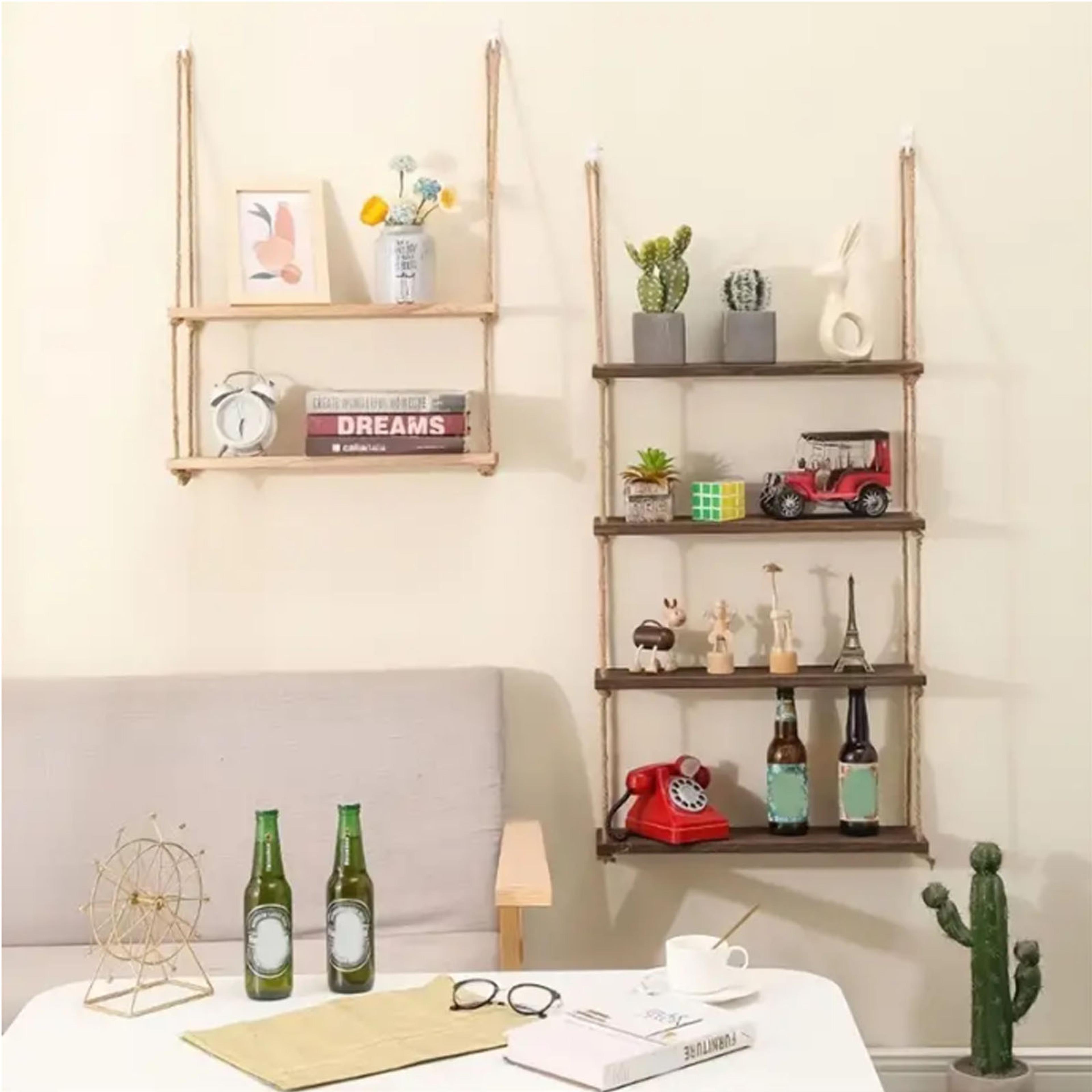 wooden floating shelves with rope hanging for wall storage, living room decor, plant & flower display