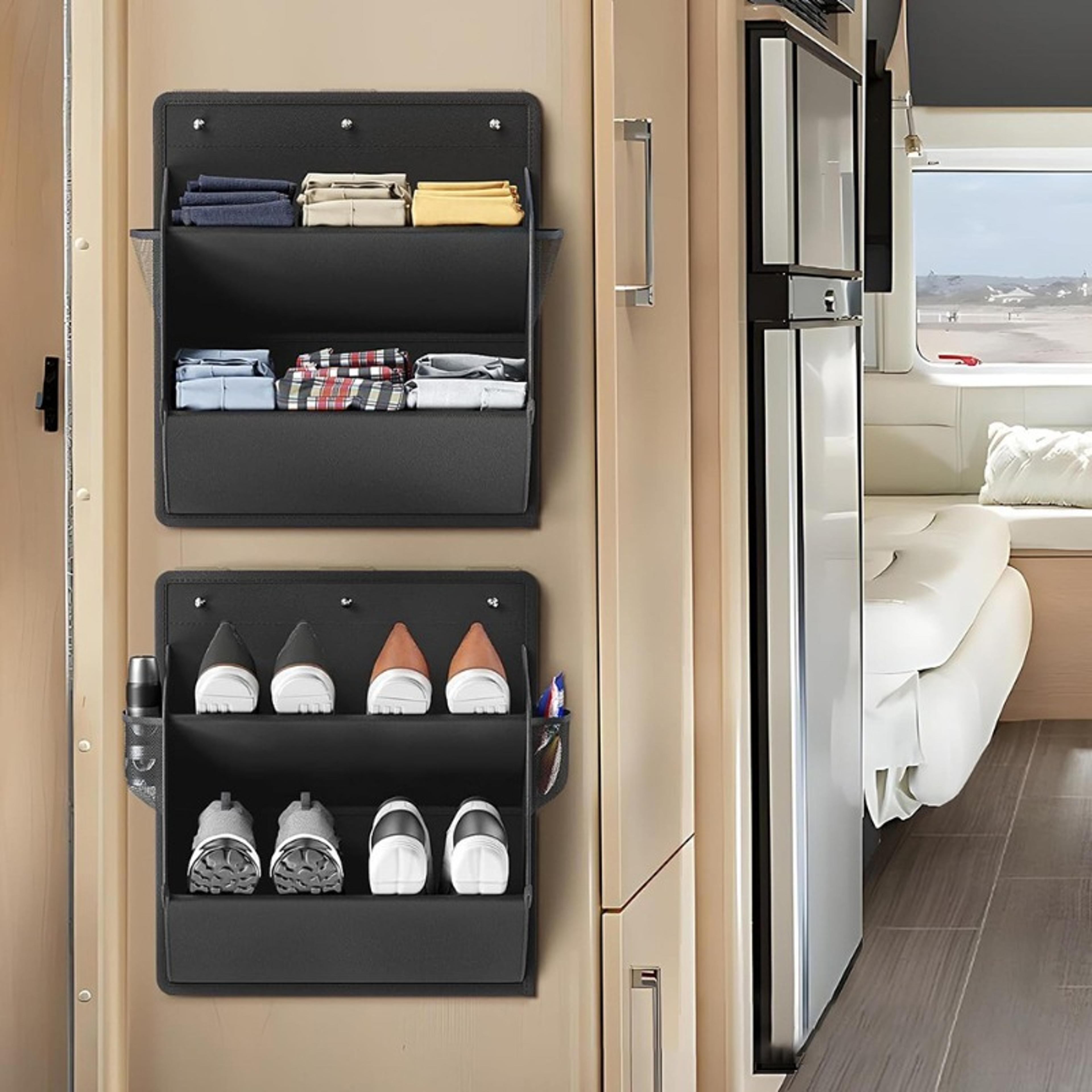 shoe storage rack with adhesive tape, large deep pockets for narrow spaces, ideal for campers & wardrobe organization