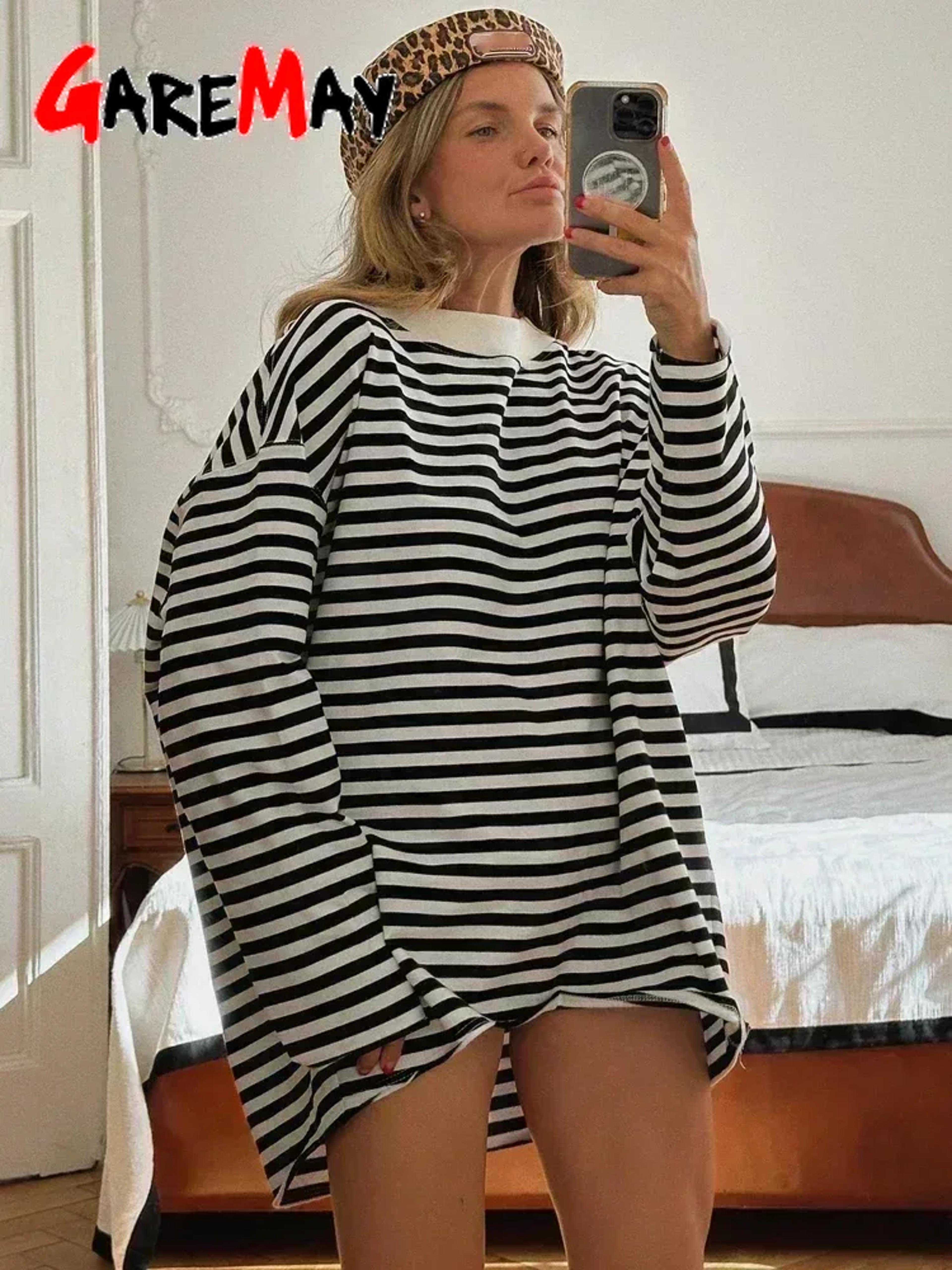 vintage striped cotton oversized t-shirt for women black & white long sleeve casual top
