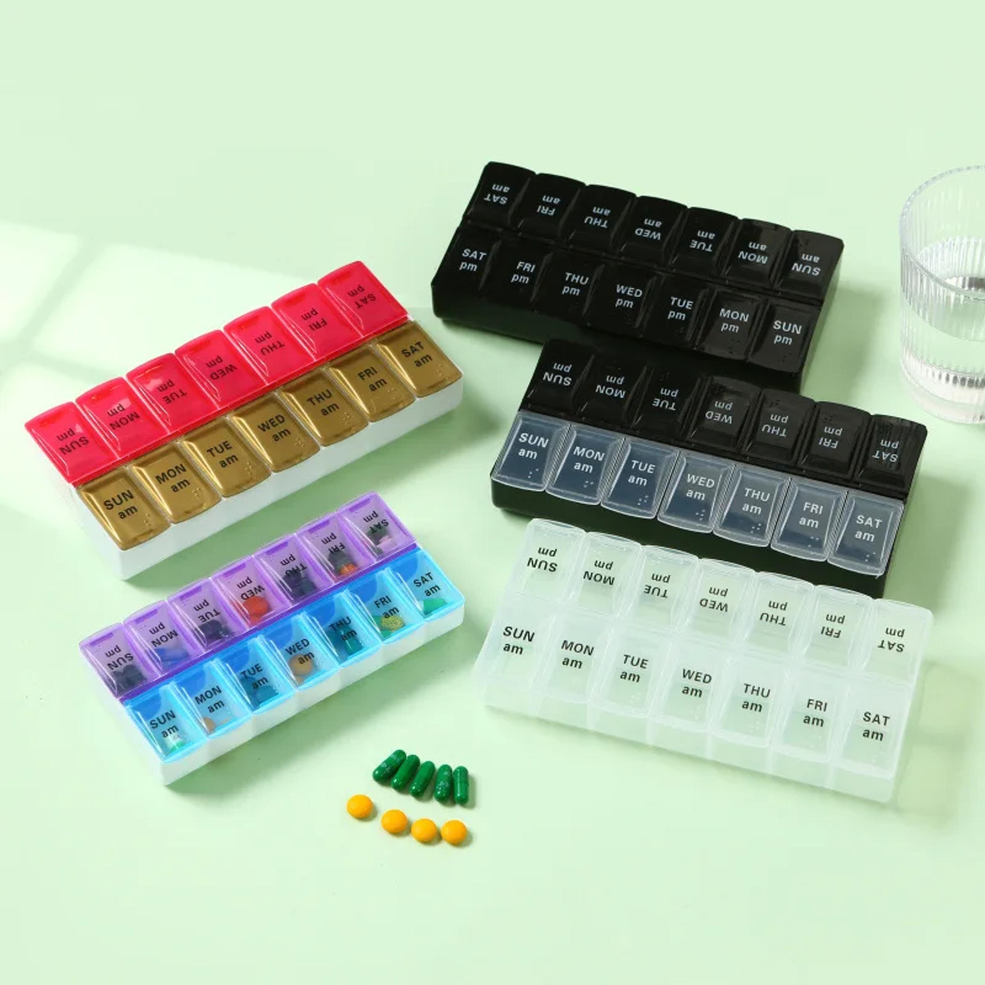 portable weekly pill organizer grids for medicine & vitamins storage