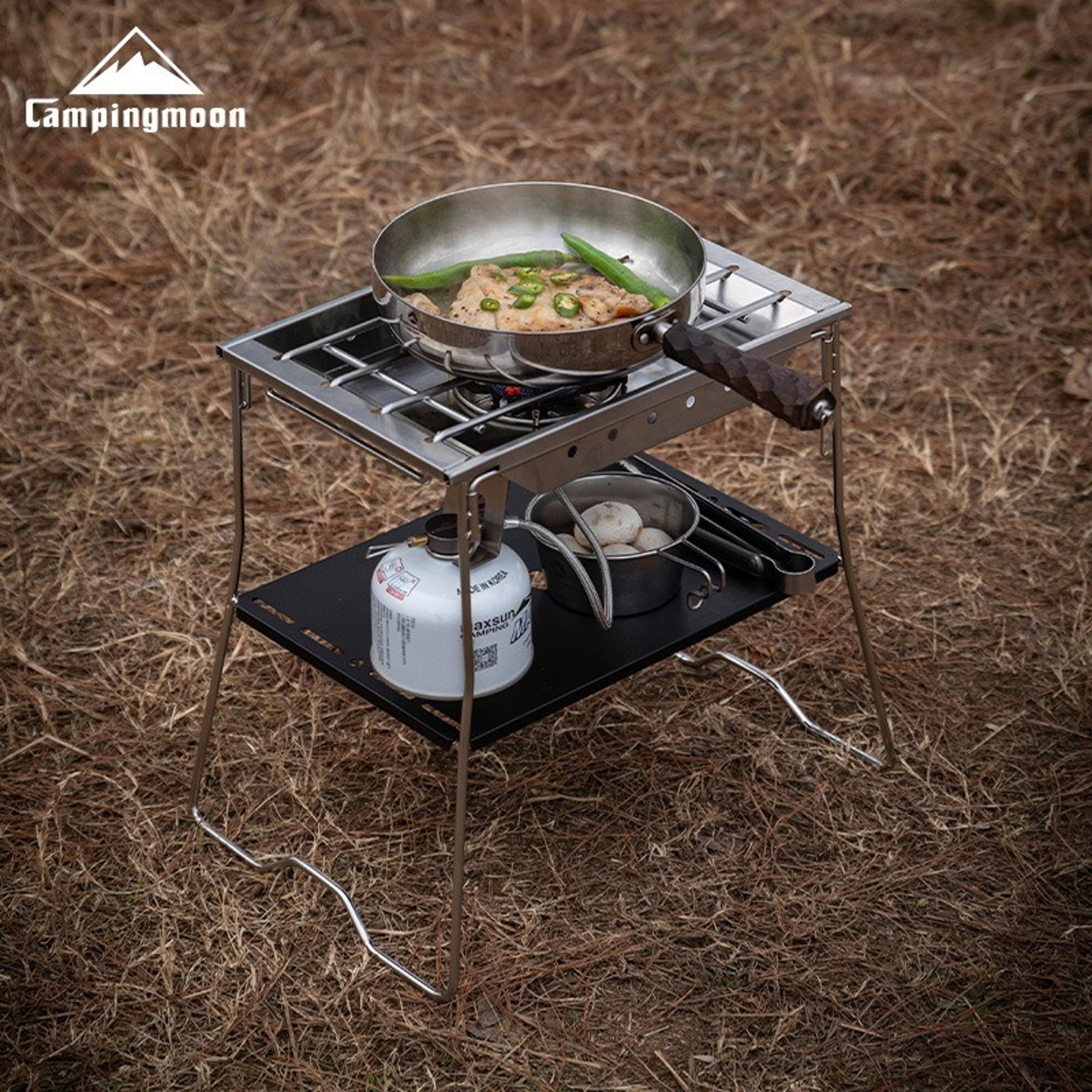 durable folding stainless steel camping table with foot frame storage rack