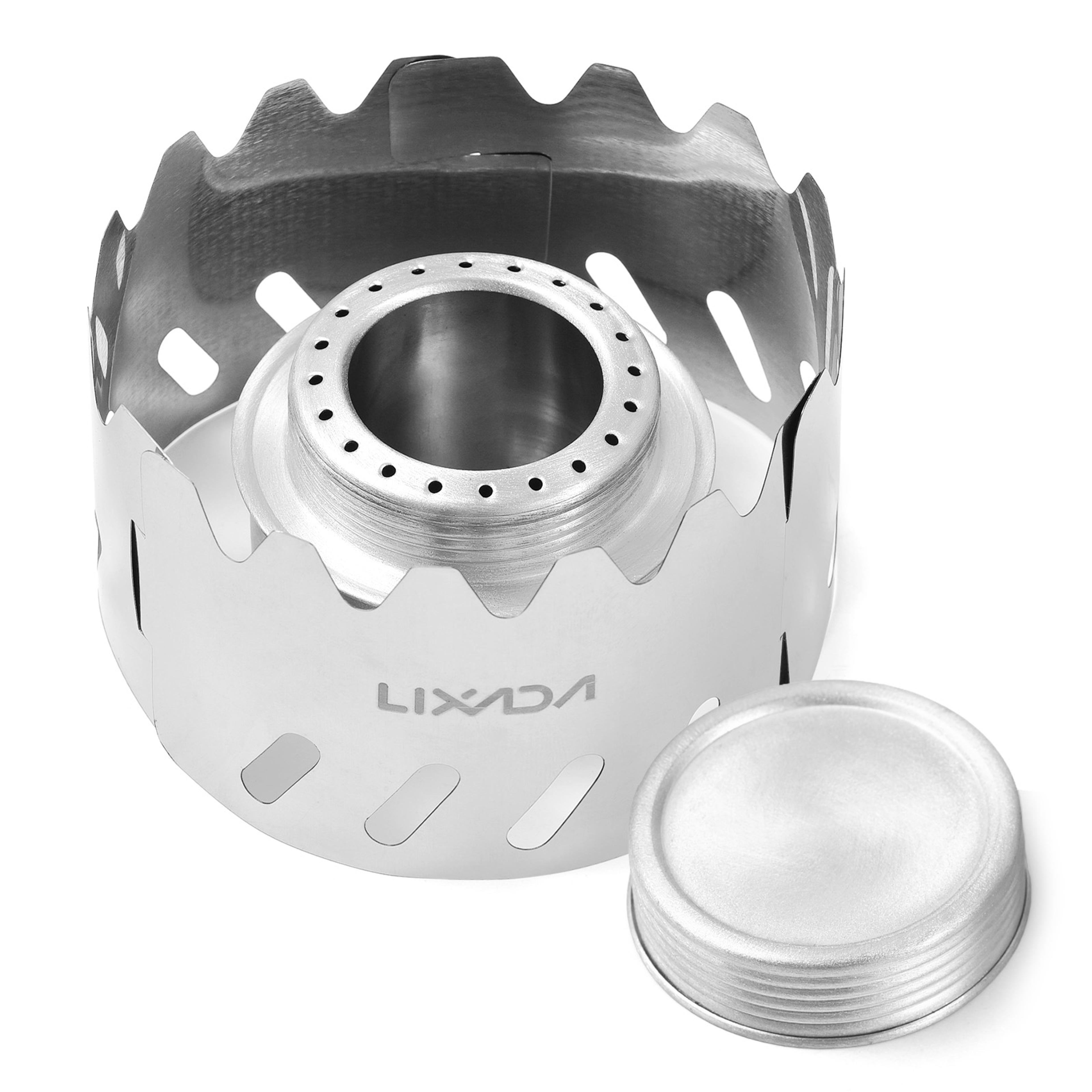 compact alcohol burner with windshield for camping, hiking, and survival