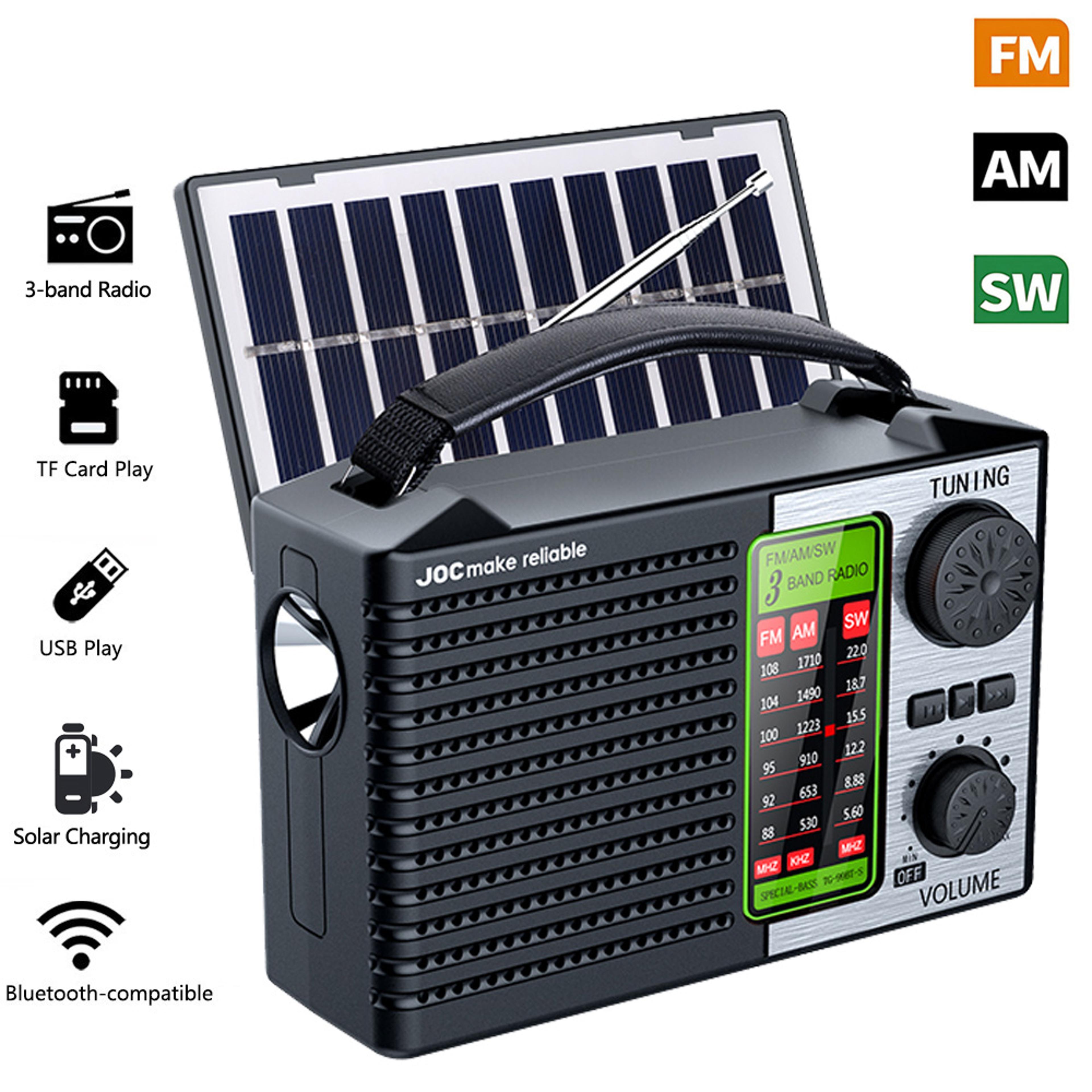 solar emergency radio with bluetooth speaker, led light & multi-band portable receiver