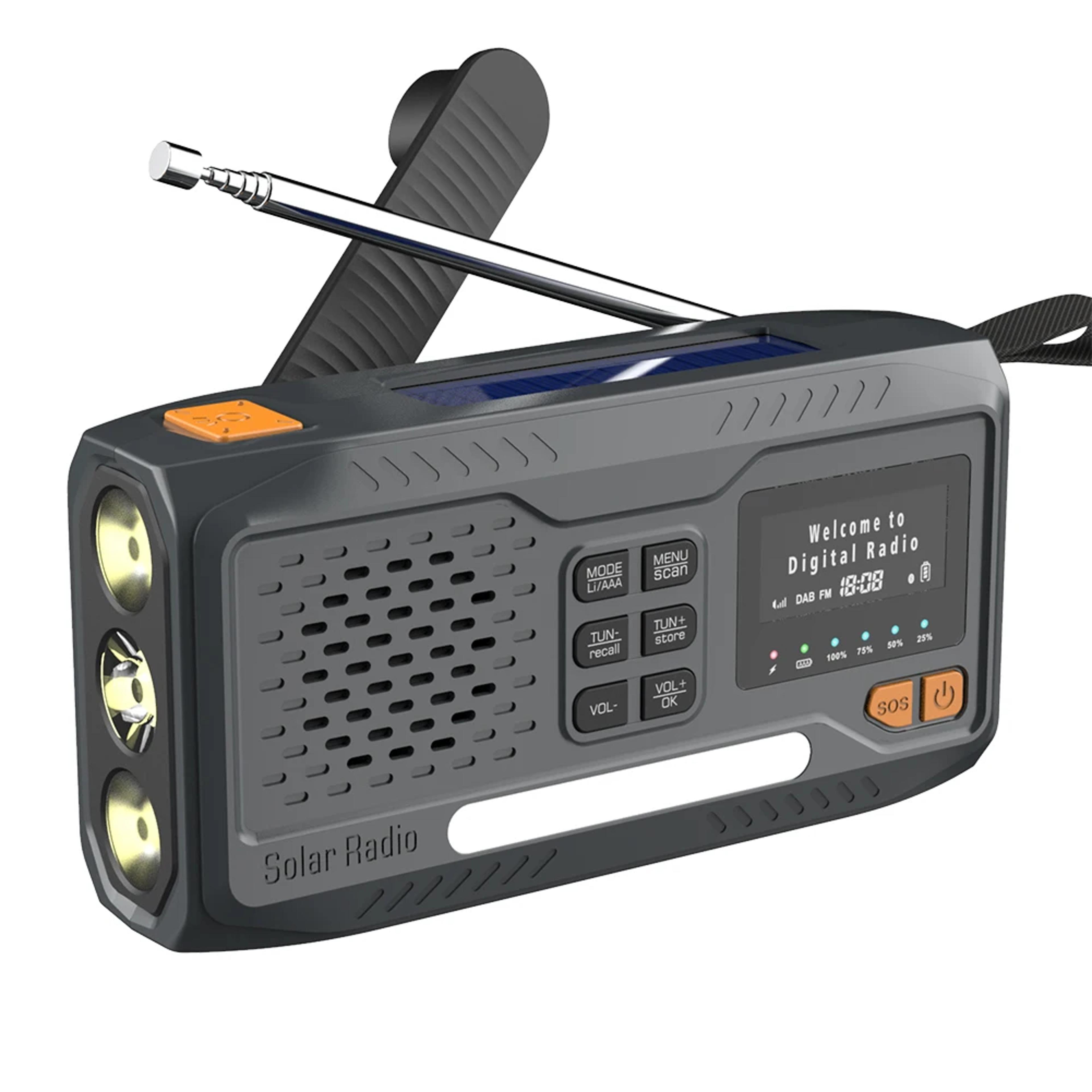 emergency solar radio with bluetooth speaker, flashlight & hand crank charger for camping & storm safety