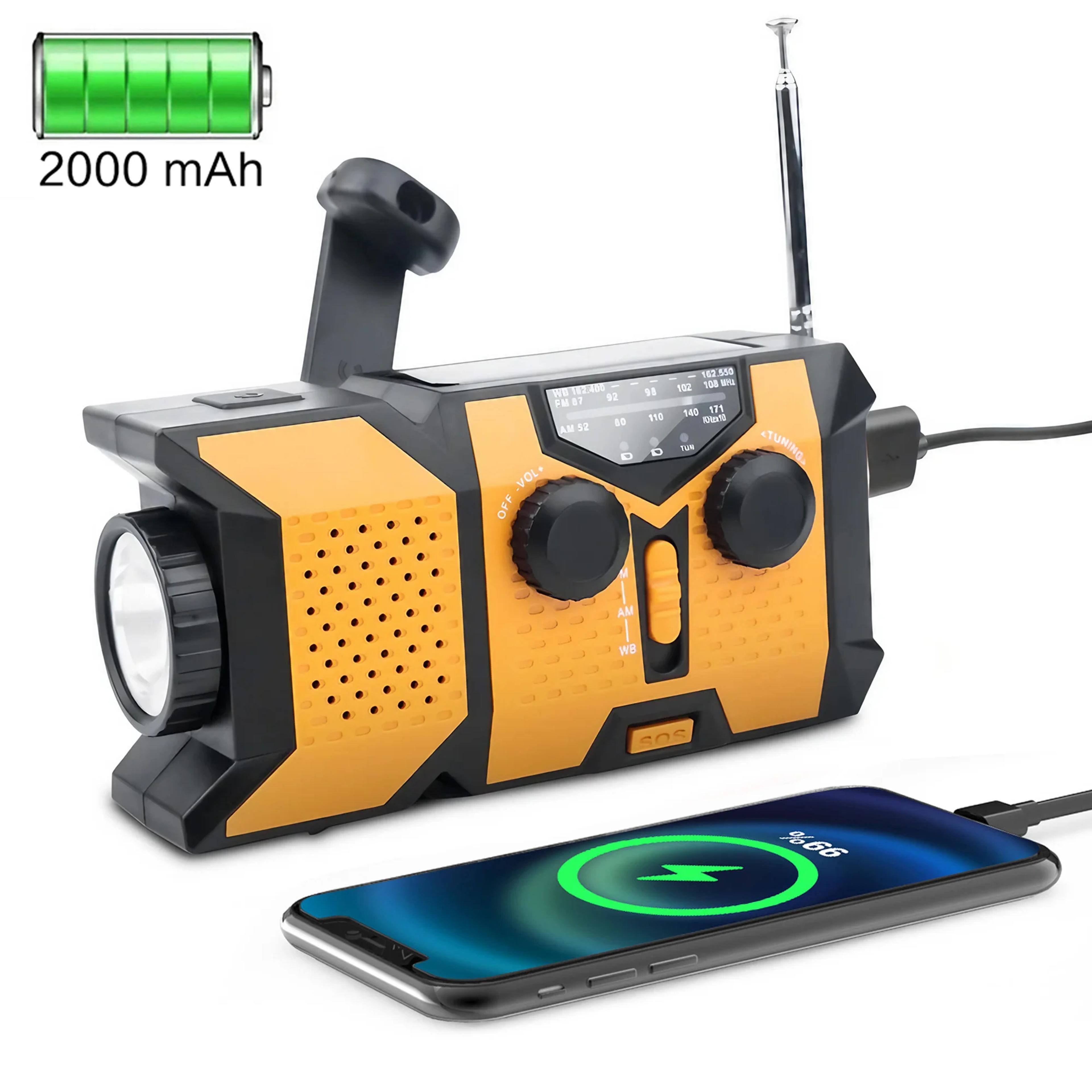 all-in-one emergency weather radio with hand crank solar power & phone charger