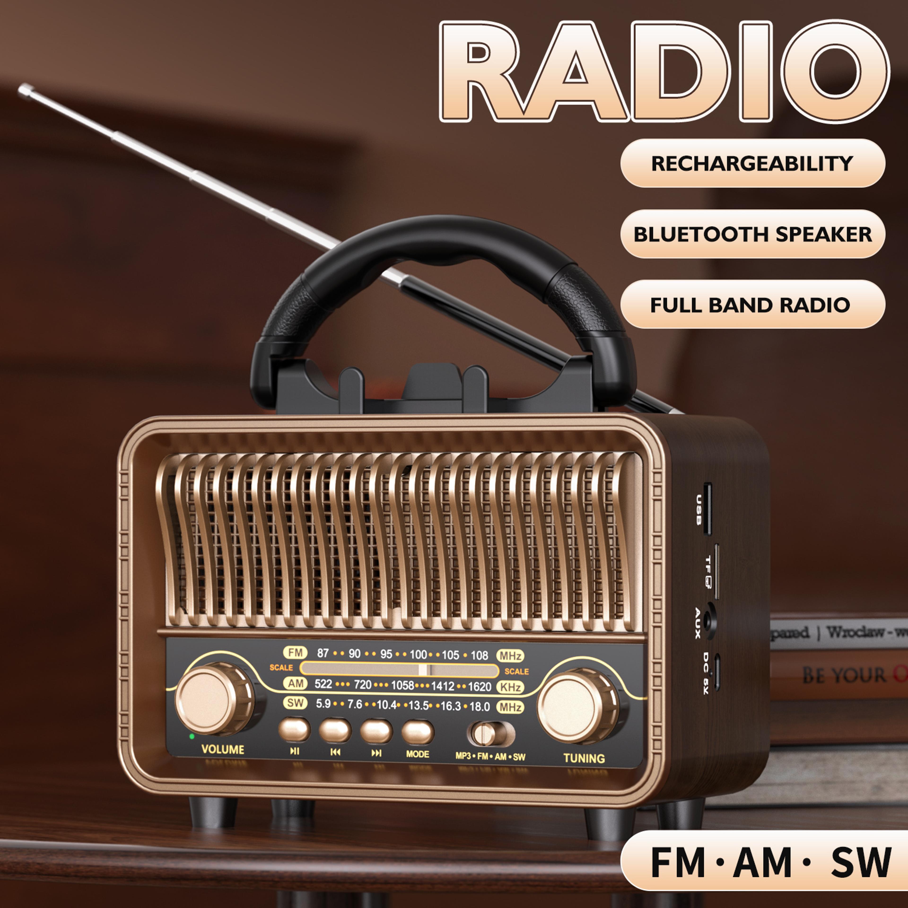 retro portable rechargeable am/fm/sw radio with aux, usb & tf playback