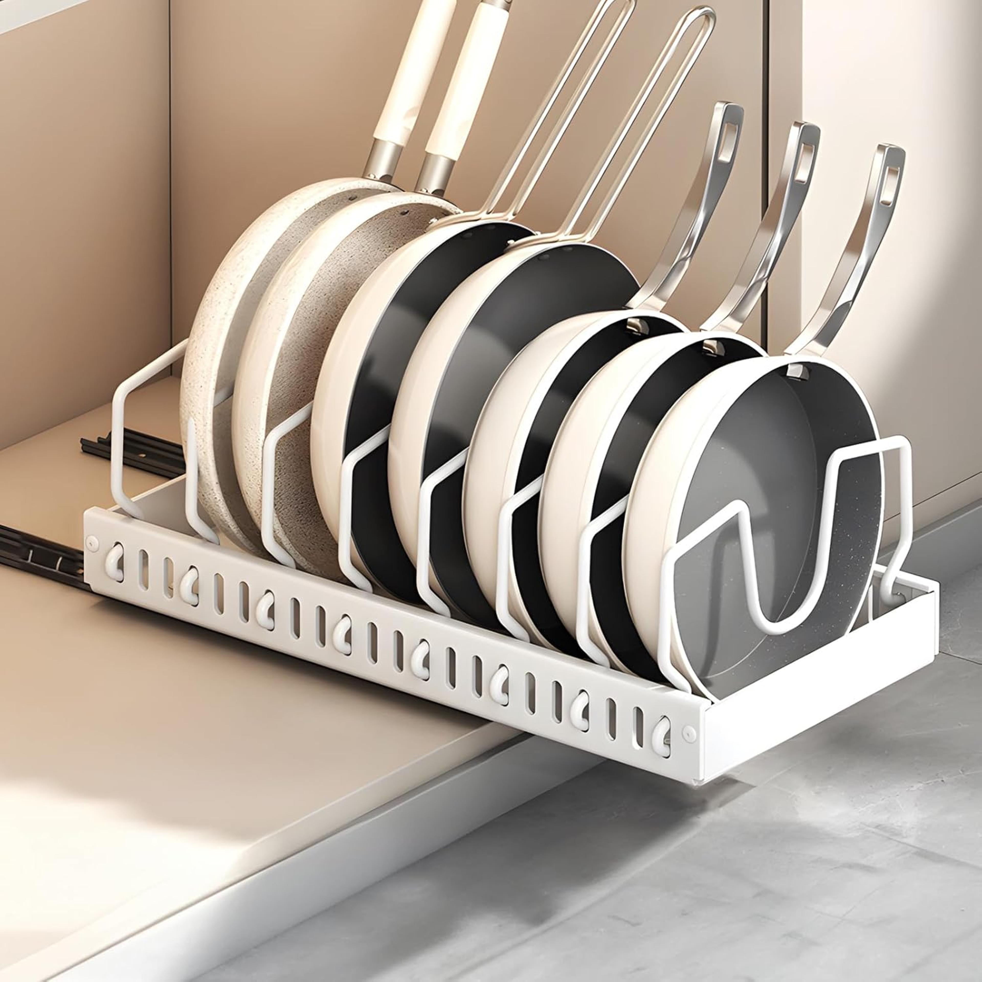 pull out cabinet organizer for pots and pans with adjustable dividers