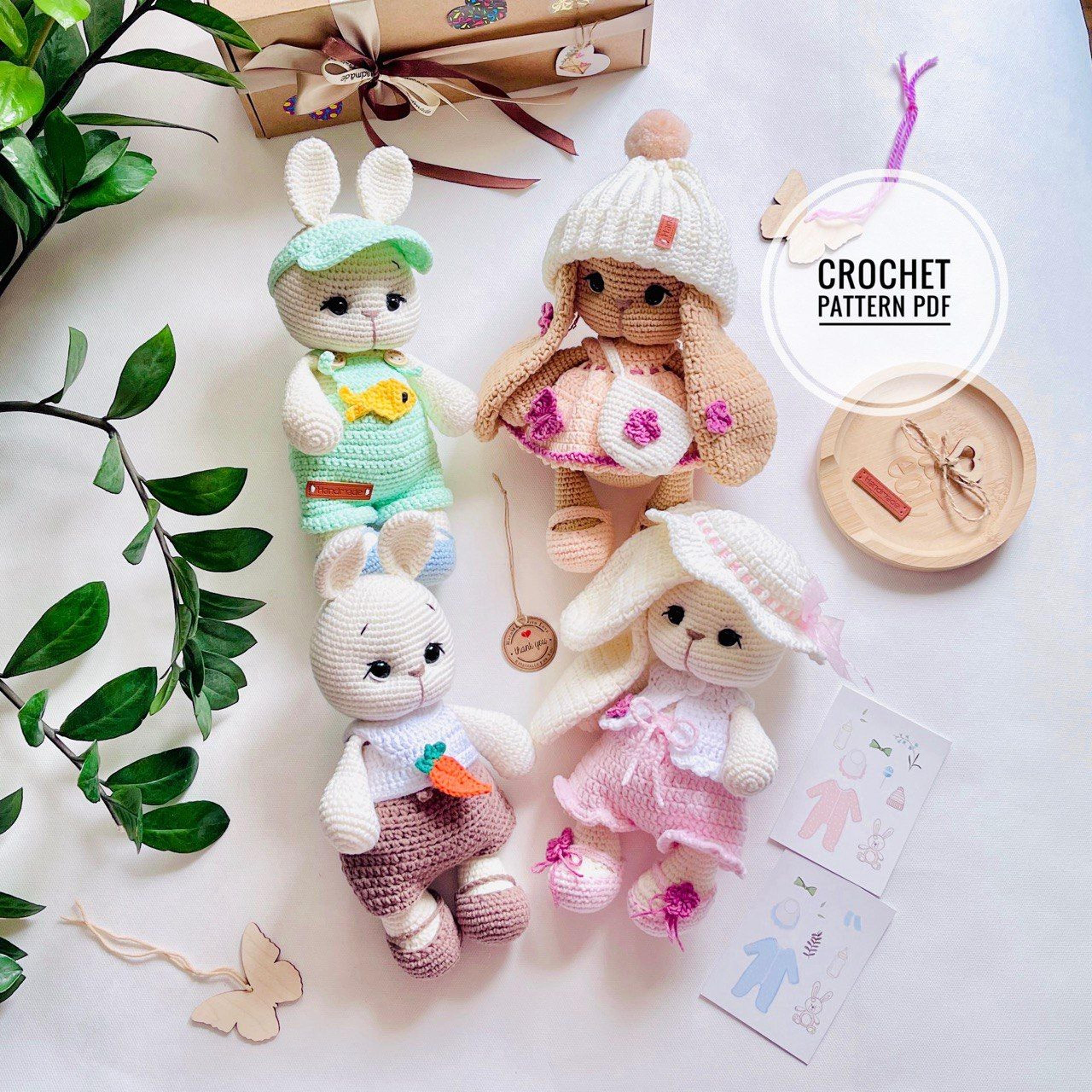 4in1 crochet pattern toy bunny and 4 sets of clothes dress pants hat flowers amigurumi cute doll in clothes little hands