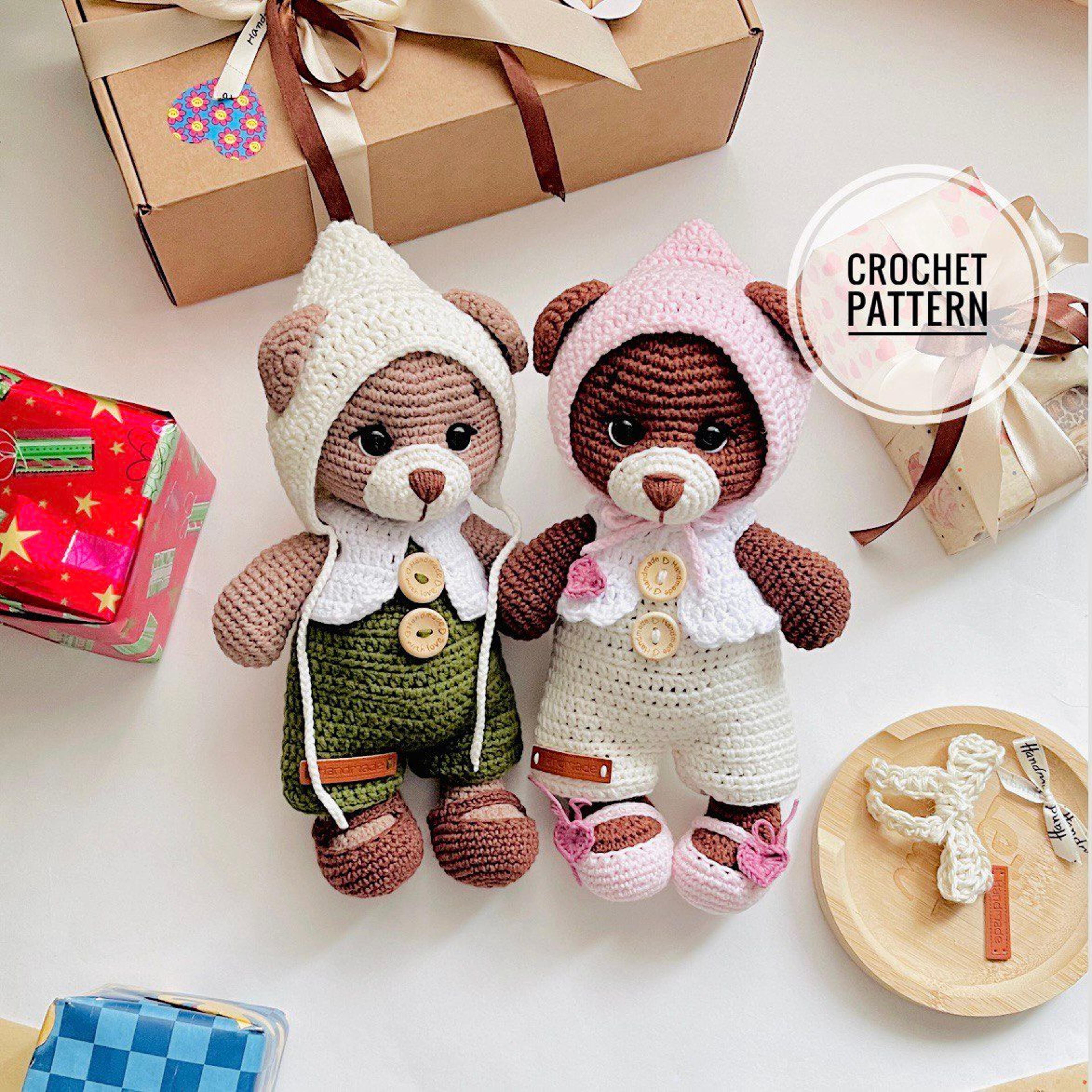 crochet pattern toy bear and 2 sets of clothes, amigurumi plush animal for baby cute little hands toy for baby toddlers