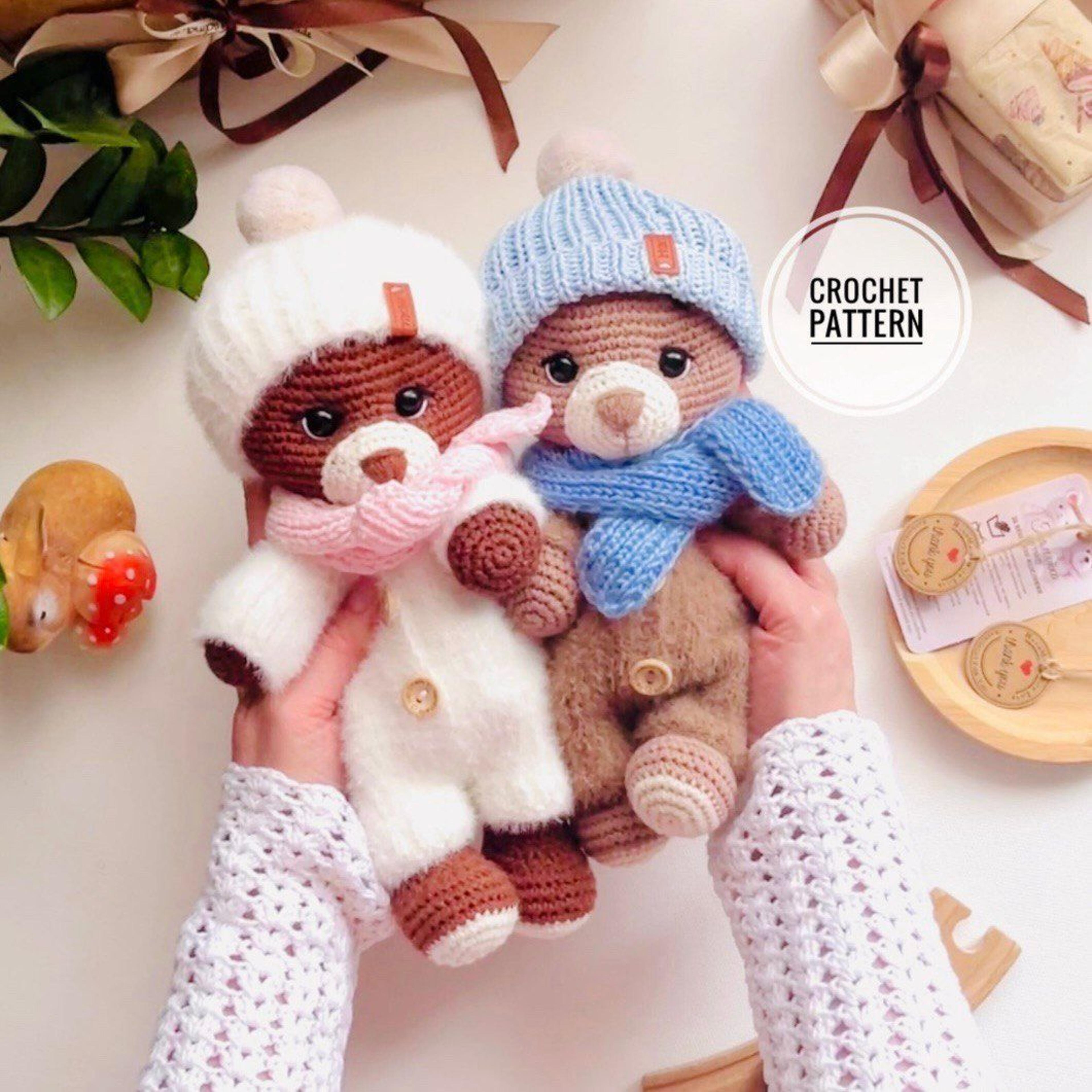 2 set crochet pattern bear toy amigurumi knitting hat scarf bows plush toy for doll clothes for toys handmade