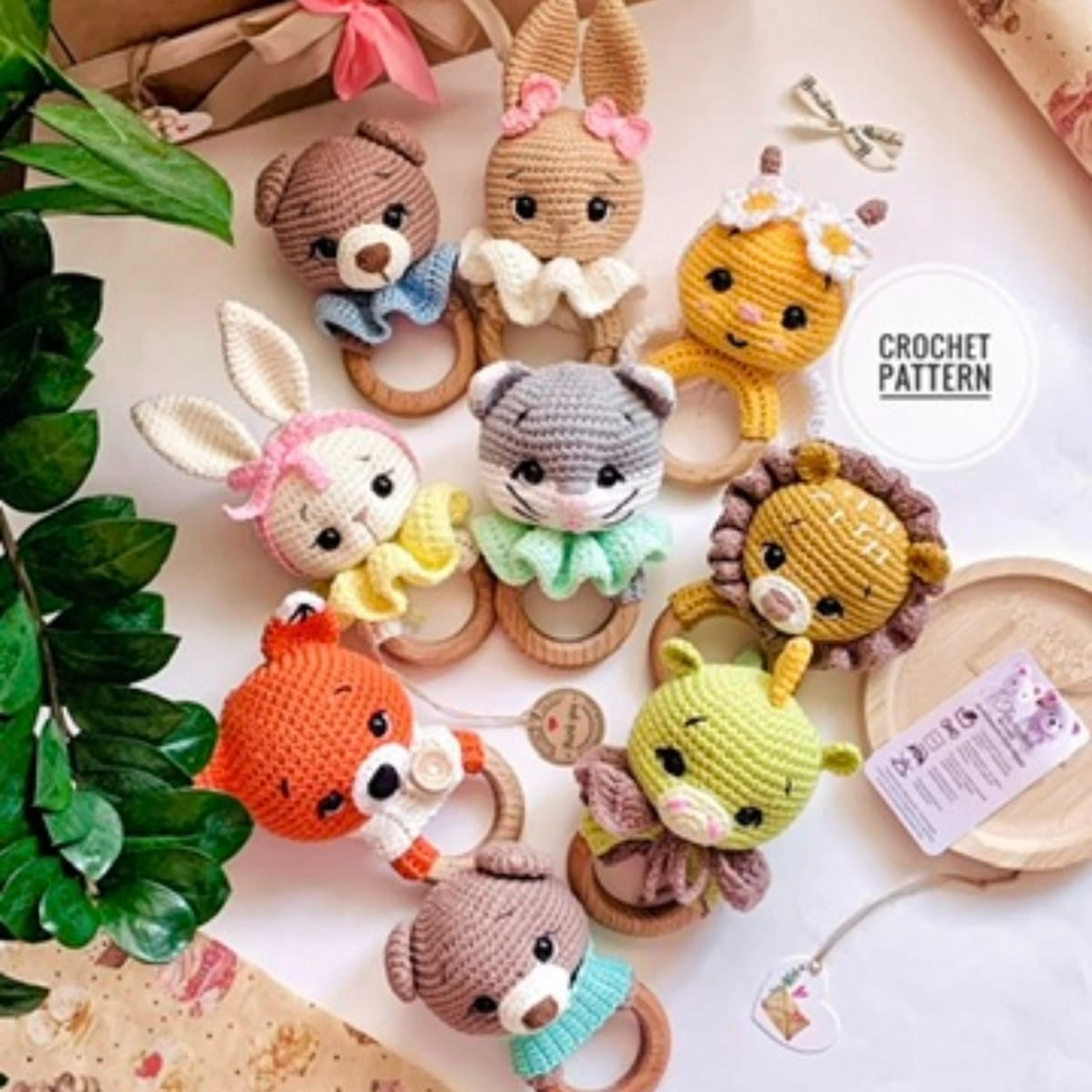 7in1crochet pattern rattle toy baby cute amigurumi little hands plush animal bear bunny lion cat bee fox dragon
