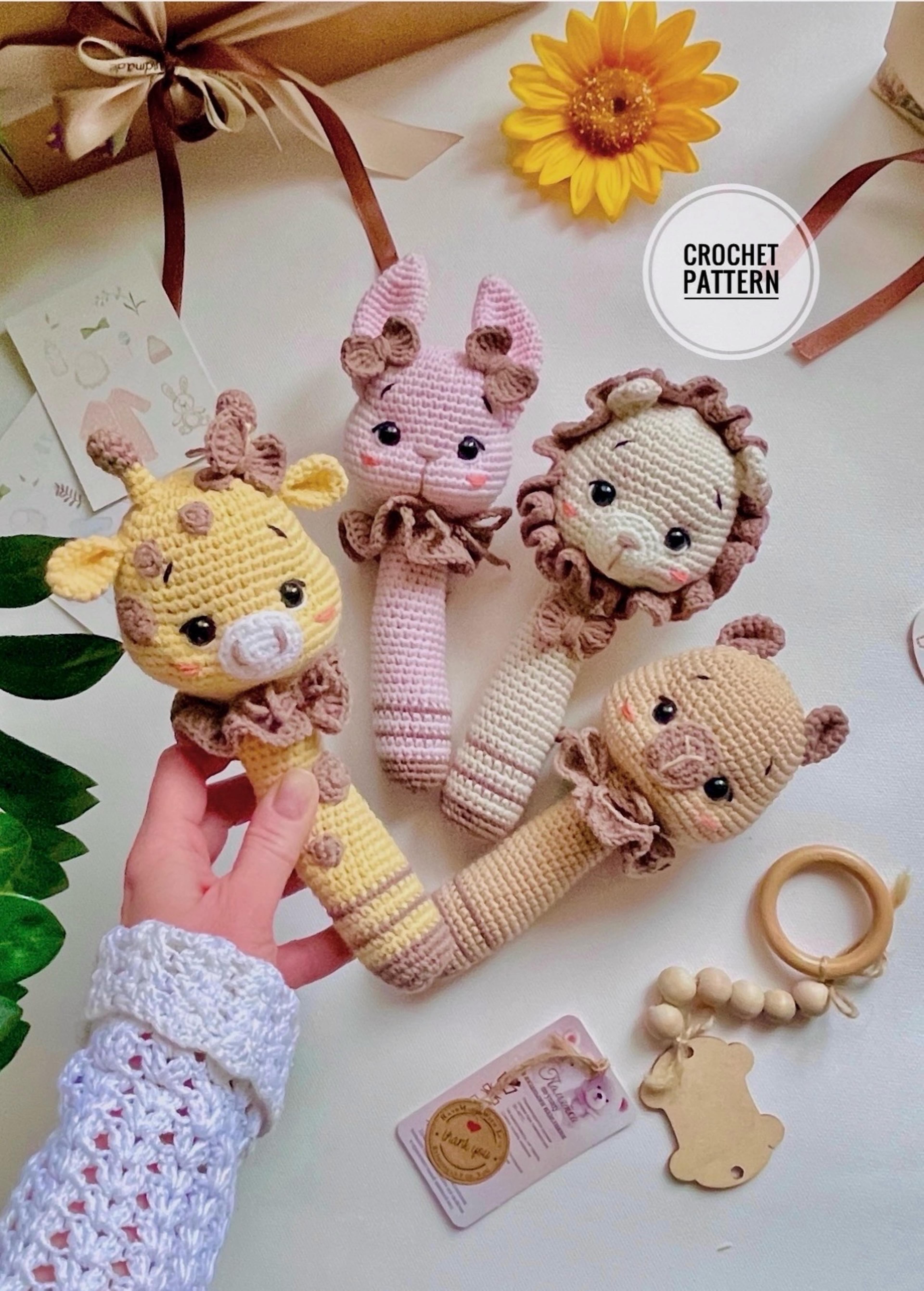 4in1 crochet pattern rattles capybara bunny giraffe lion teething toy plush handmade amigurumi baby box set babies