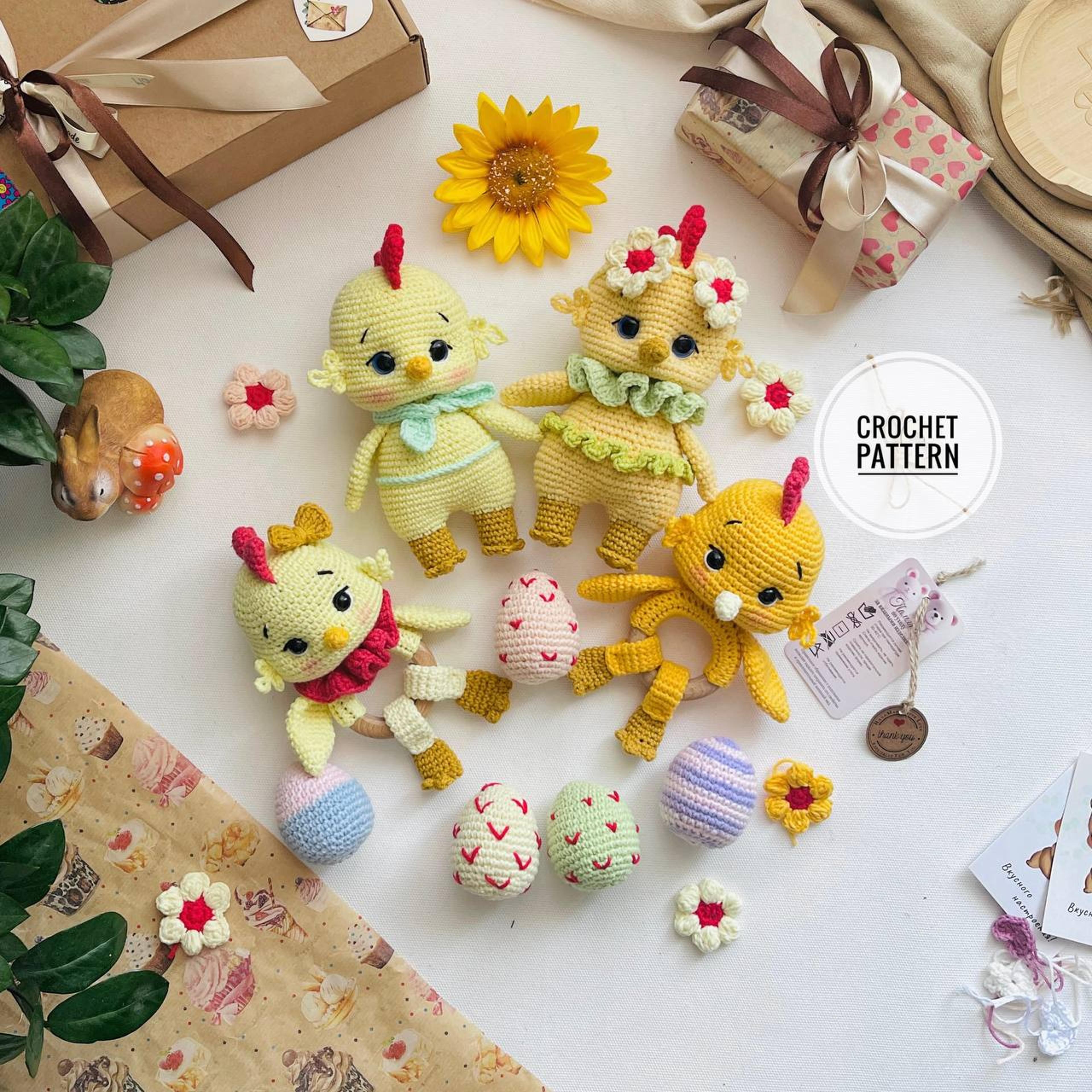 3i1 crochet pattern easter chick rattle toy cockerel amigurumi plush animal chicken gift baby easter flowers home decor