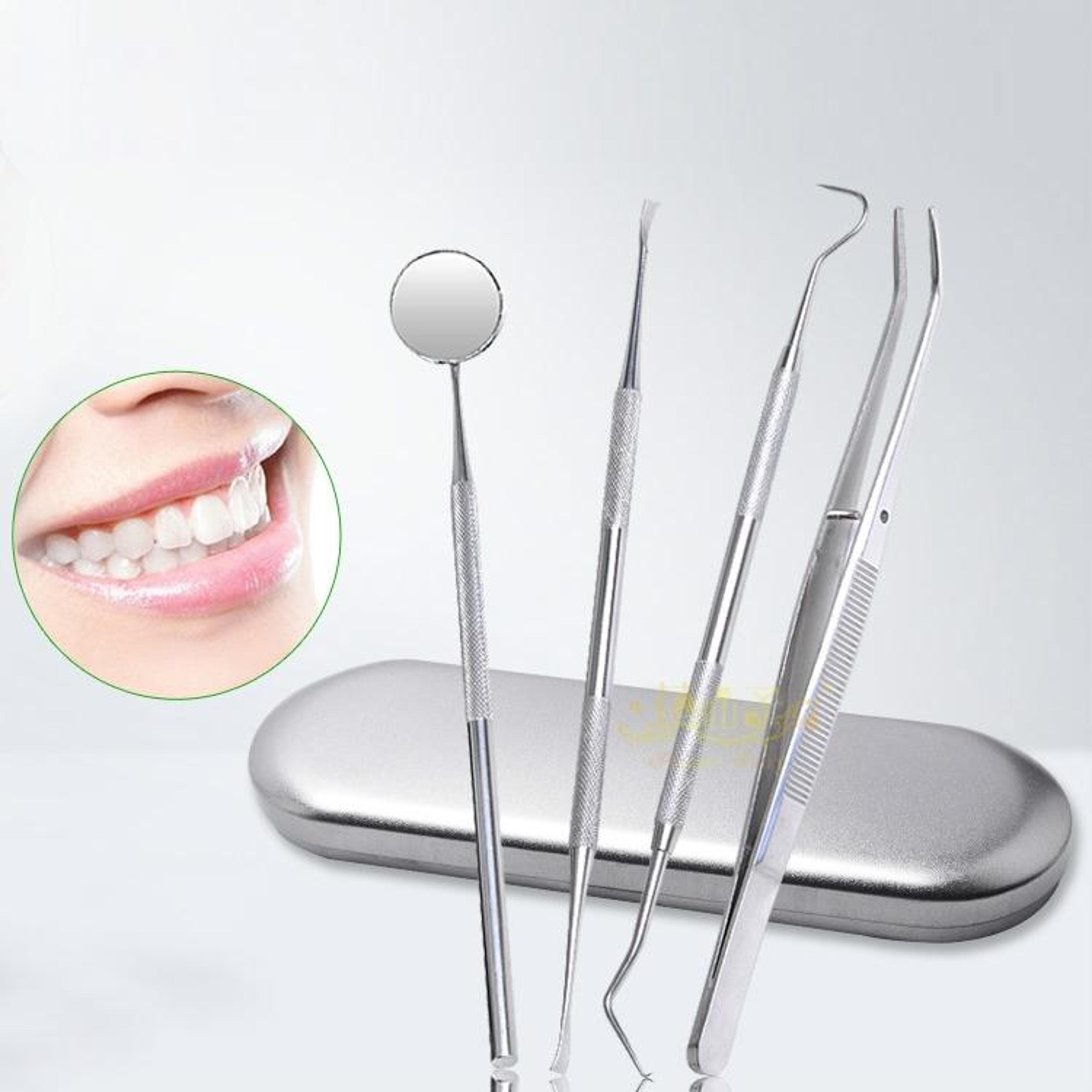 premium 4 in 1 dental tool set with mirror, probe, hoe & tweezers, stainless steel oral care instruments