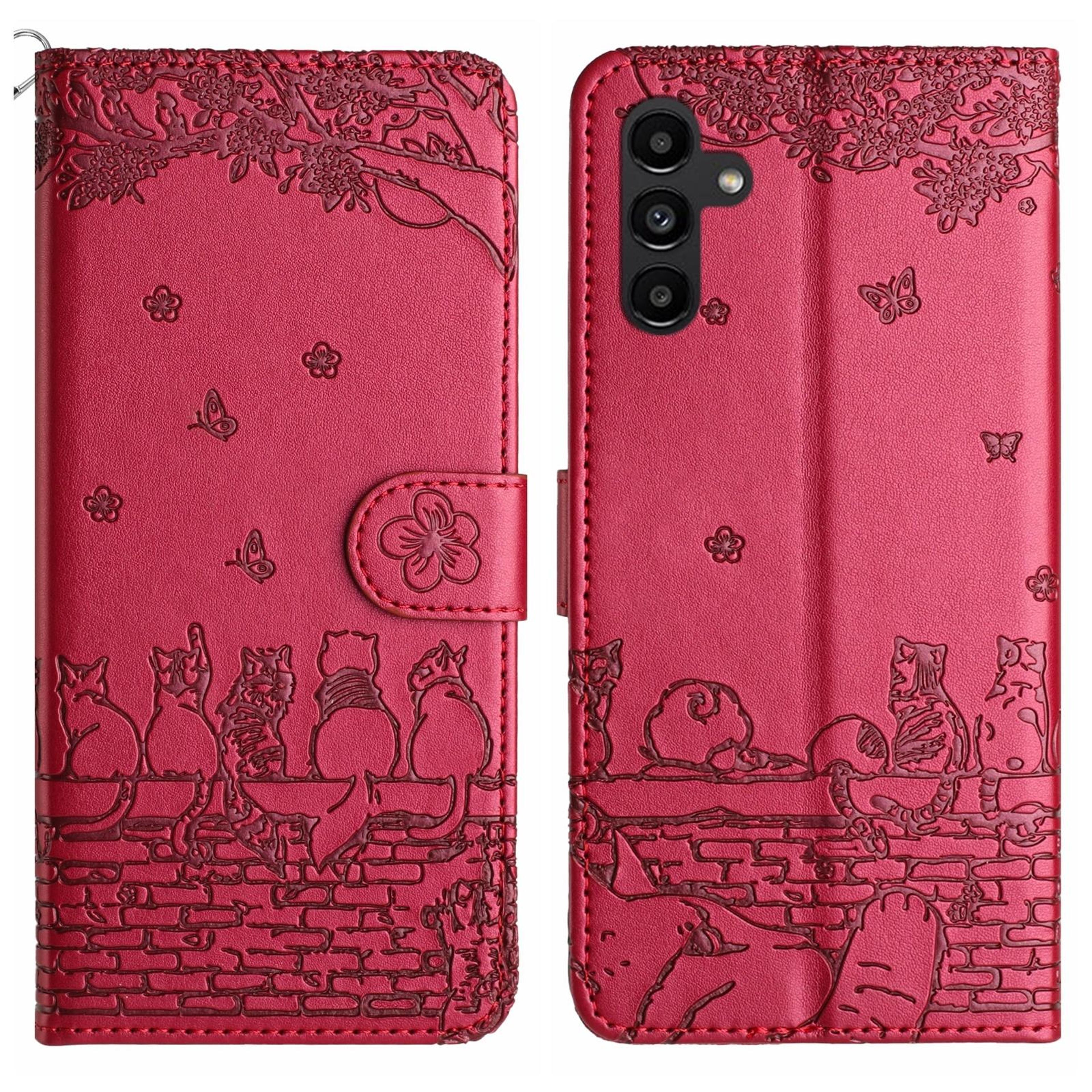 cute cat embossed wallet phone case for samsung galaxy with card holder and lanyard