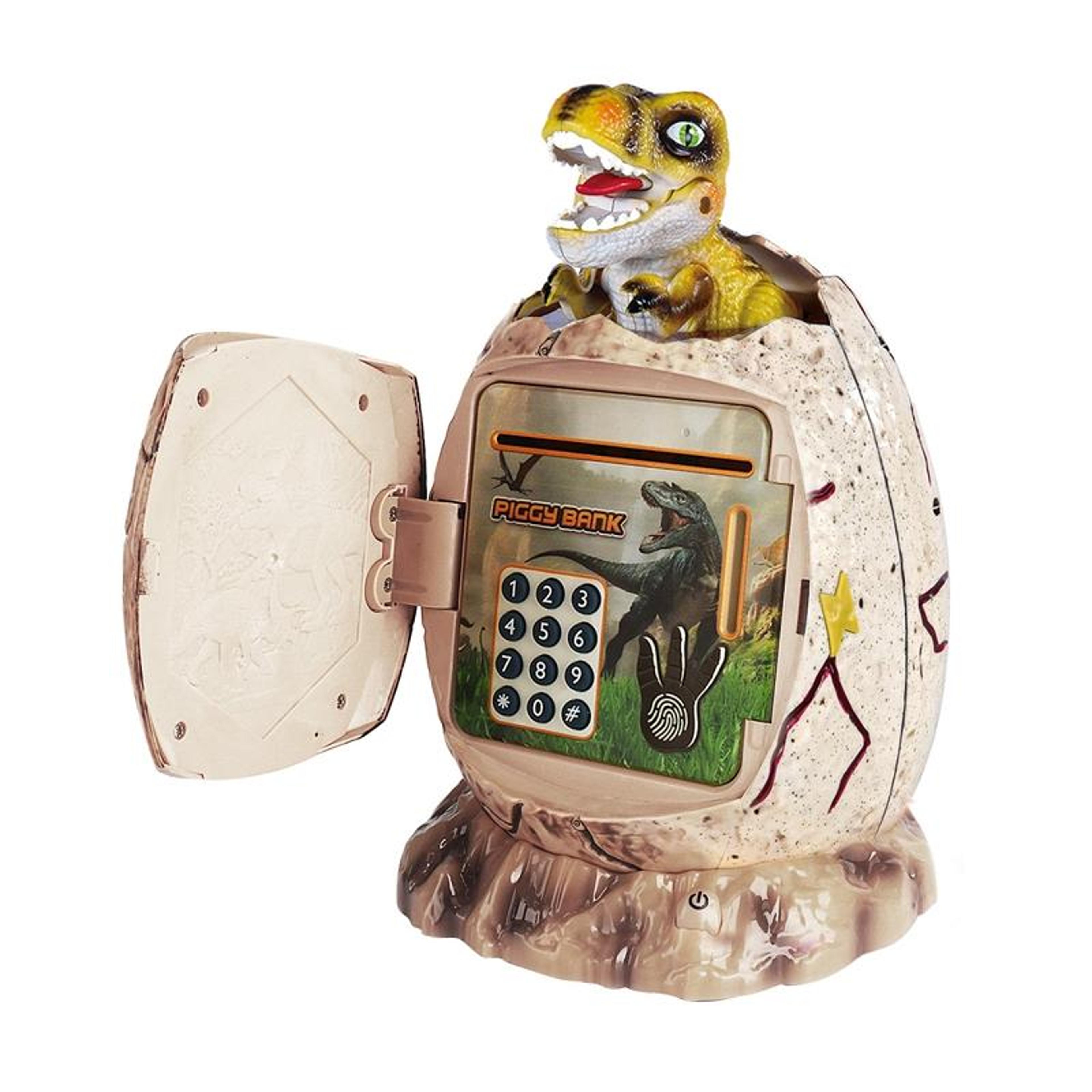 t rex dinosaur piggy bank for kids with fingerprint password lock and auto money roll