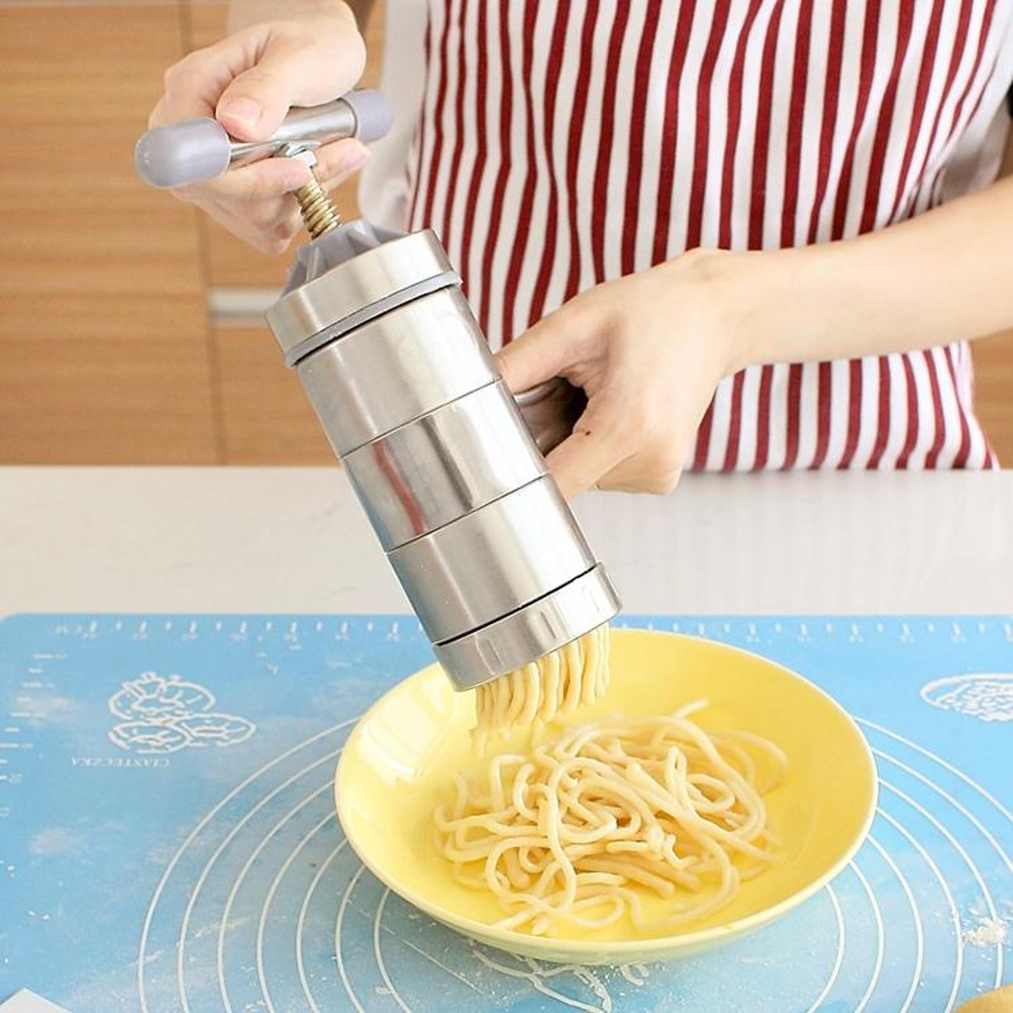 stainless steel manual pasta maker with 5 molds, compact pasta machine for fresh homemade noodles