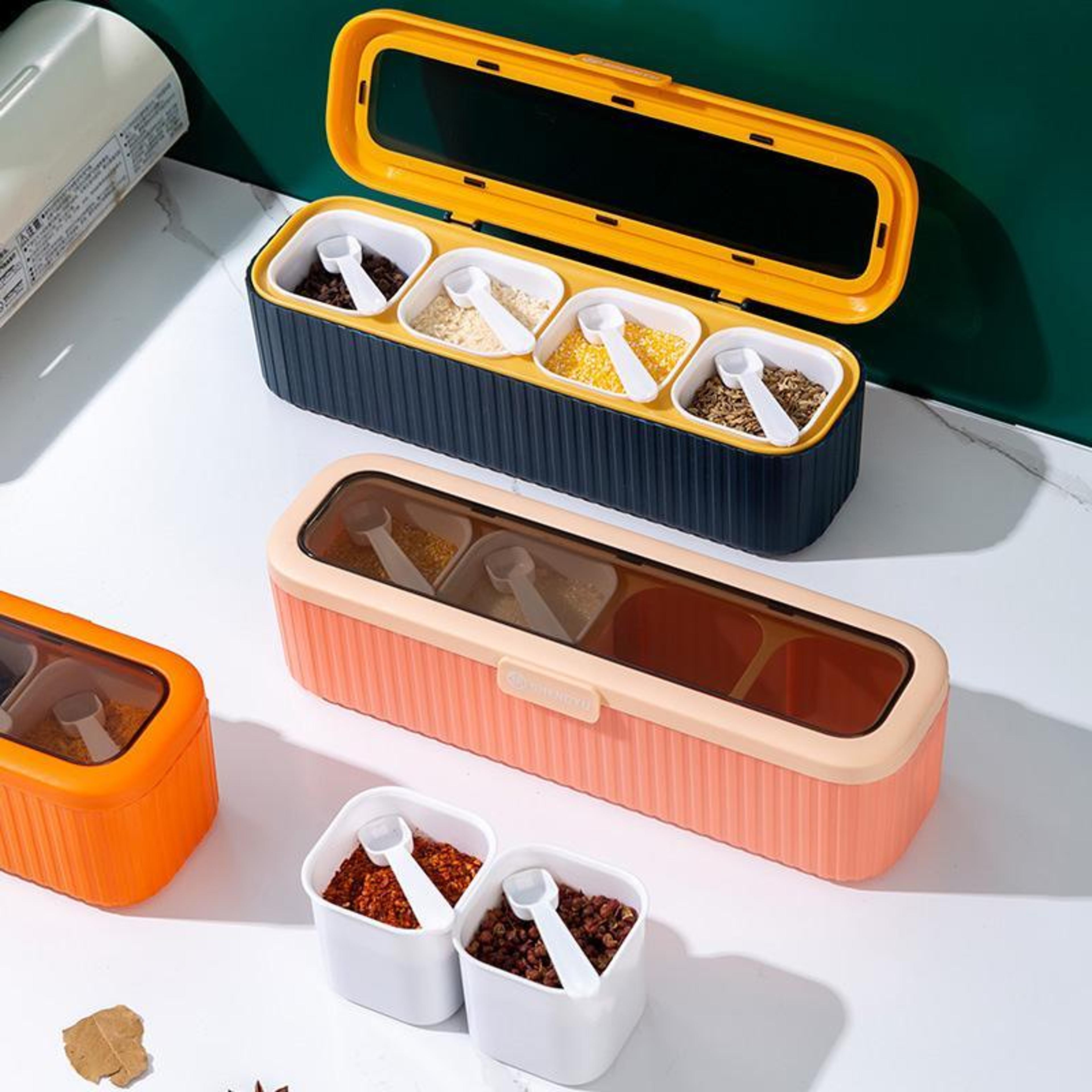4-grid airtight spice organizer box transparent spice storage container for kitchen counter